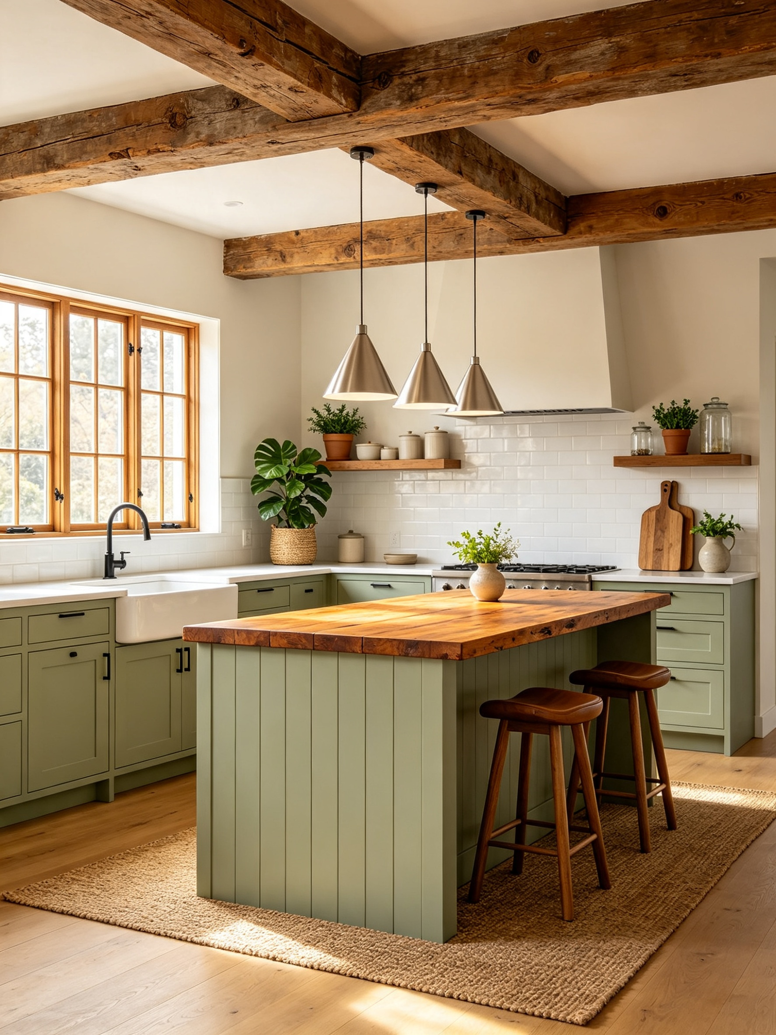 Sage green modern farmhouse kitchen with reclaimed wood beams