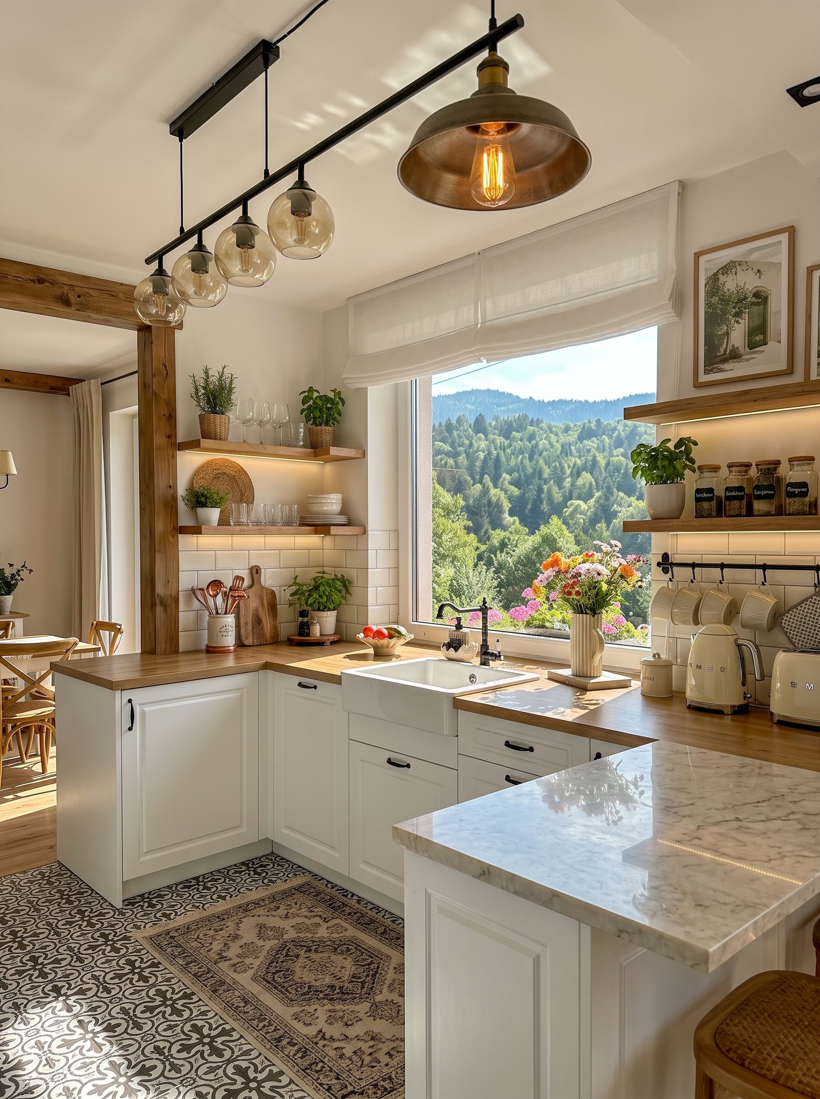 Mountain farmhouse kitchen with open shelving and wood accents