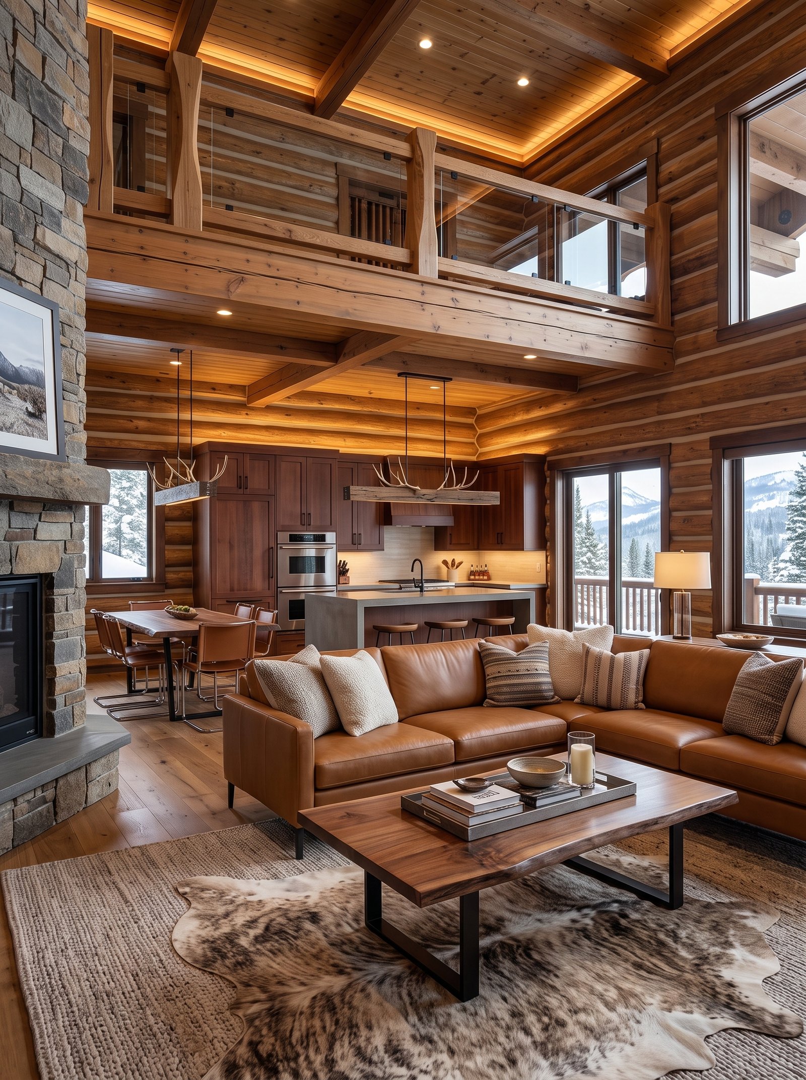 Two-story open layout with mountain views in modern log cabin