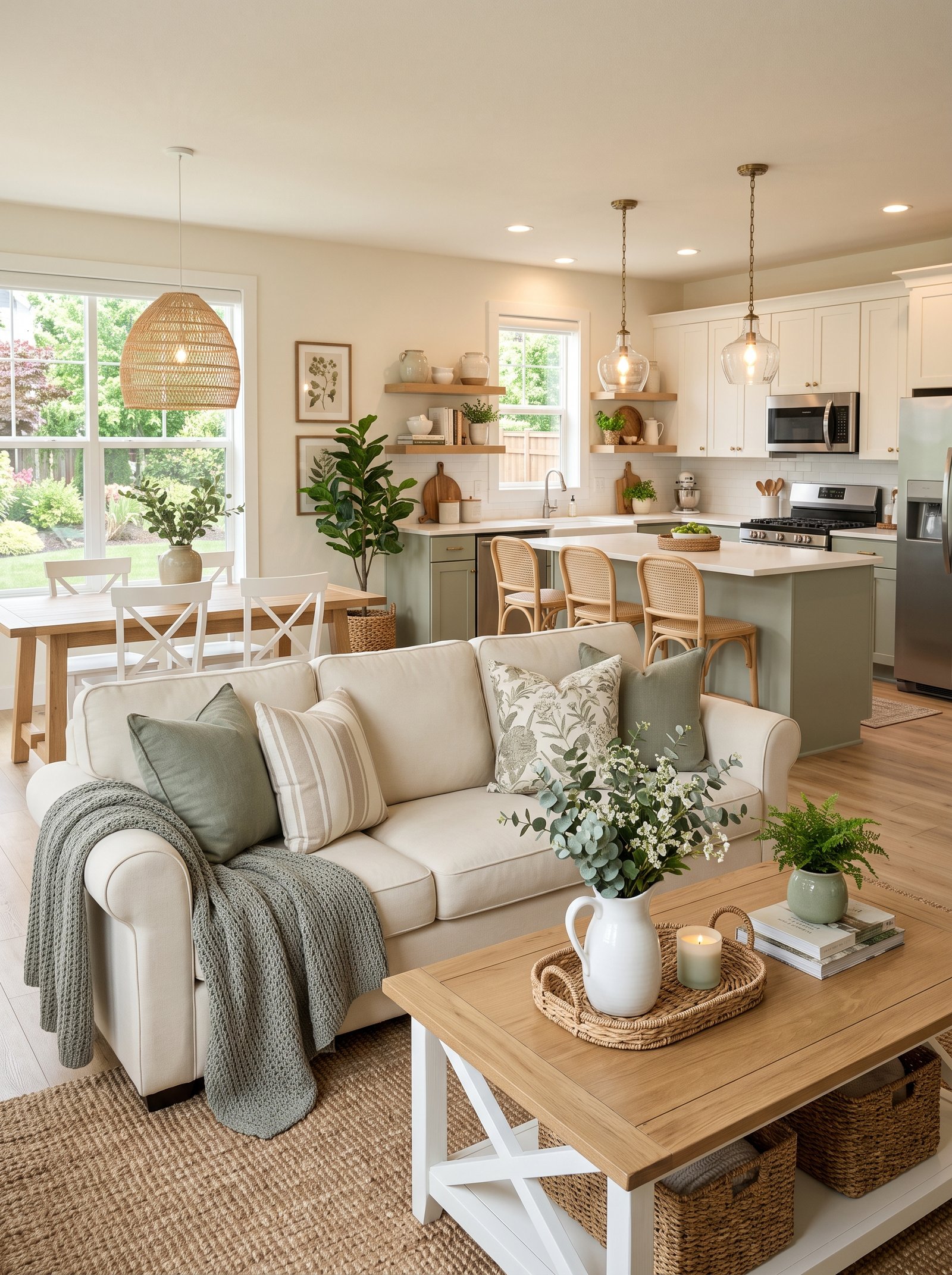 Cozy Home Interior Ideas with woven rug, cream seating, and farmhouse decor