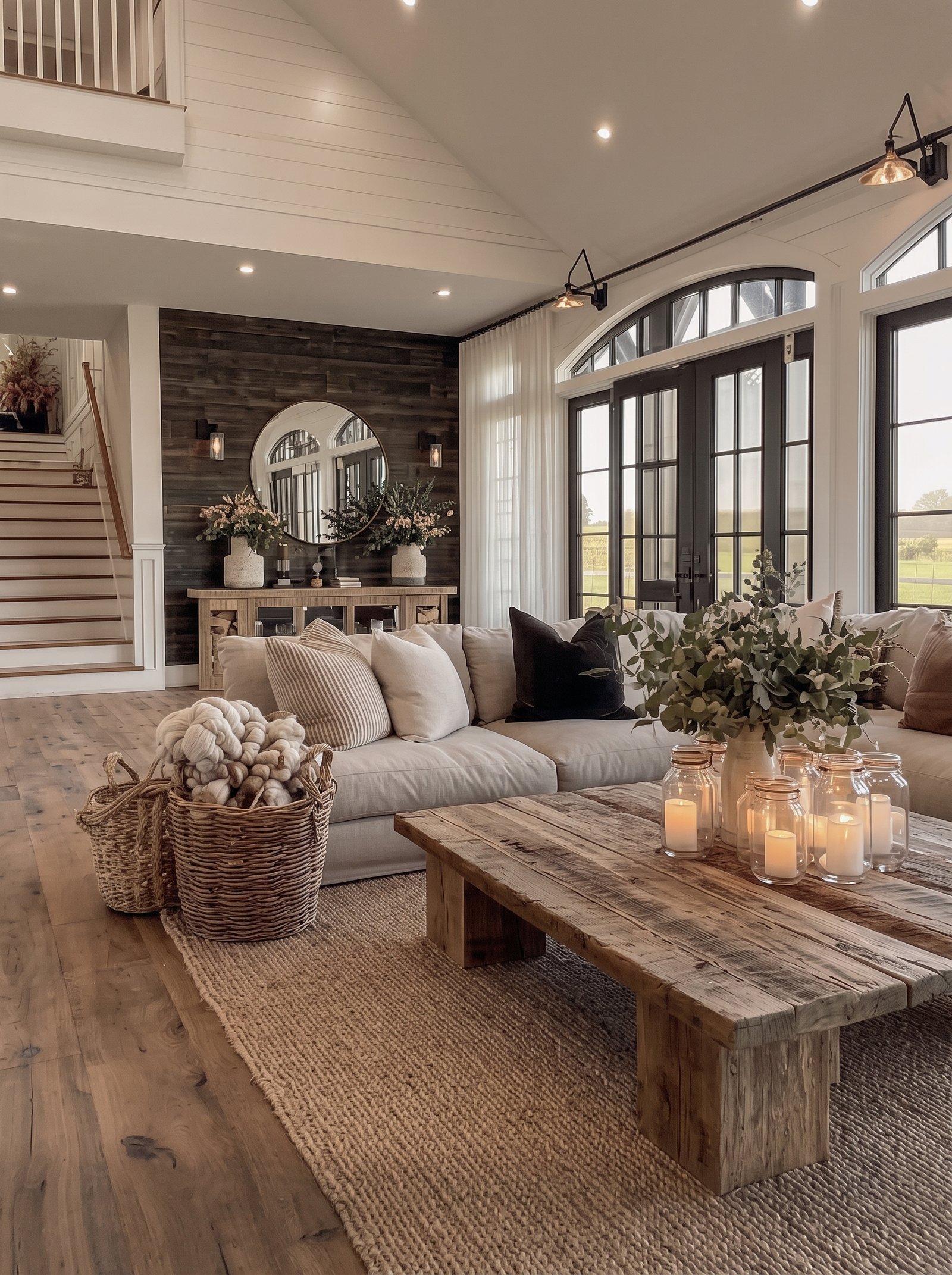 Modern farmhouse living room with cream sectional and rustic wooden coffee table.