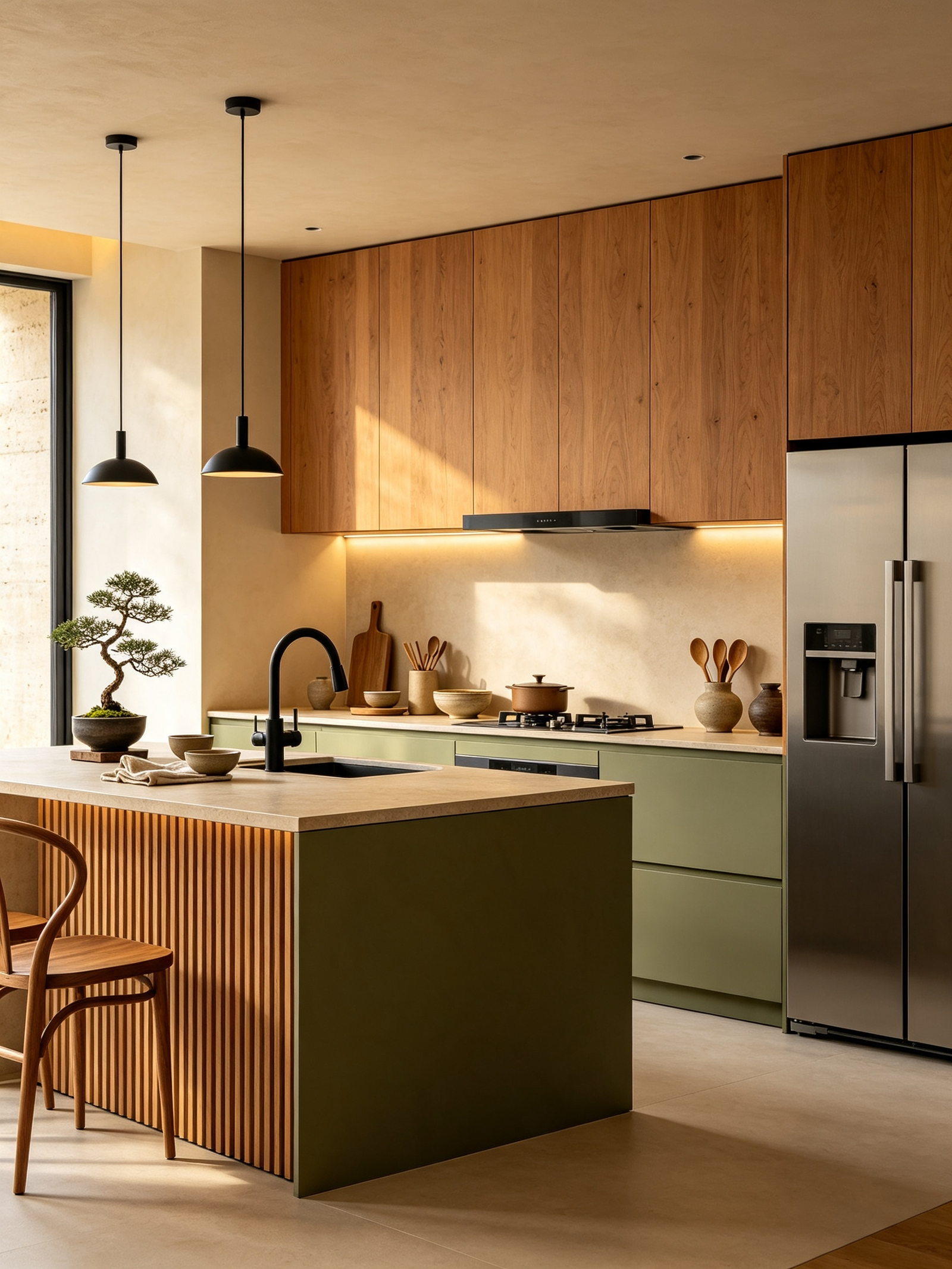 Apartment kitchen ideas on a budget showing modern storage and olive-green lower cabinets