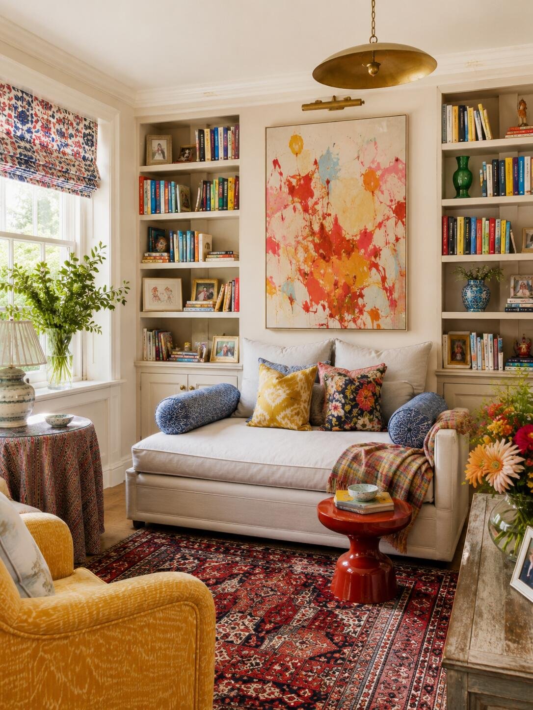 Cozy cottage reading corner with neutral sofa, patterned rug, and brass lighting