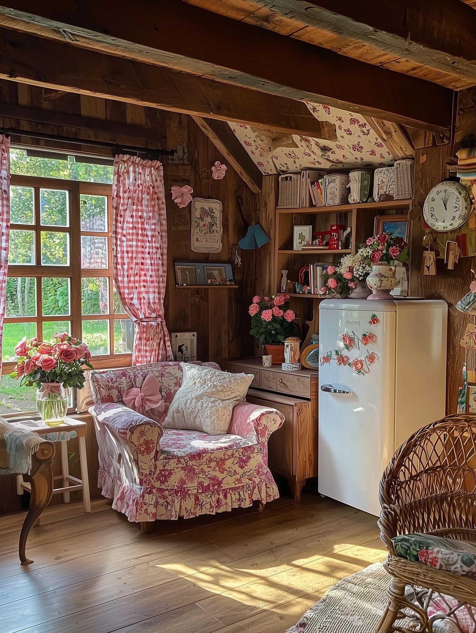 Vintage-inspired furniture in a cozy cottage living room with floral armchair, rustic wood walls, woven rug, and classic decor