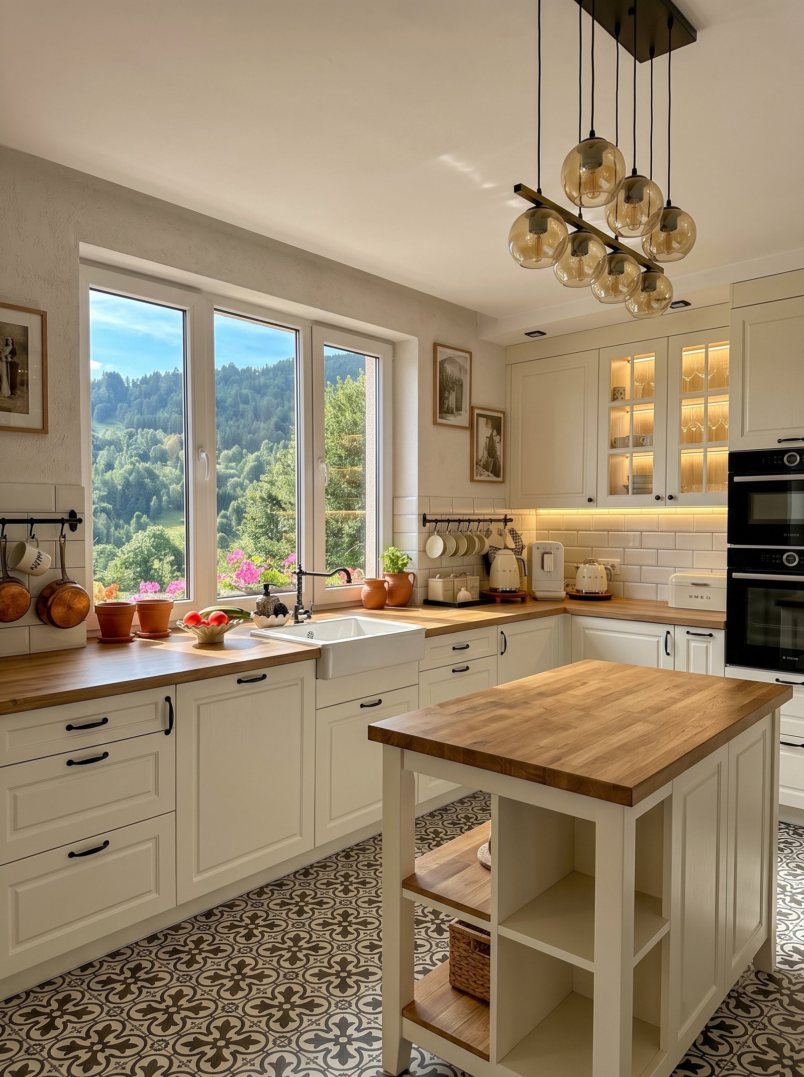 Mountain farmhouse kitchen with tri-pane scenic windows