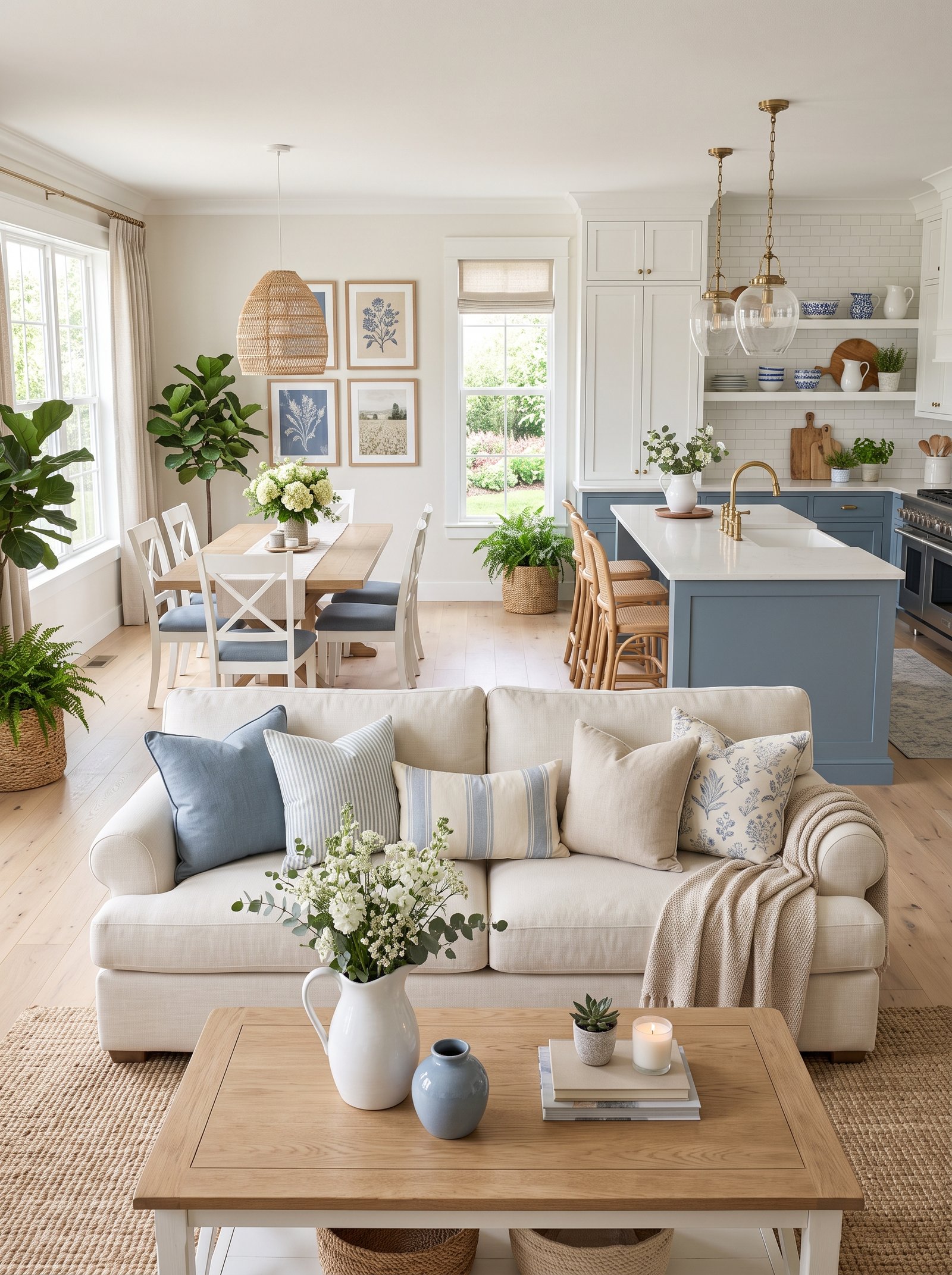 Cozy Home Interior Ideas with cream sofa and charcoal kitchen island