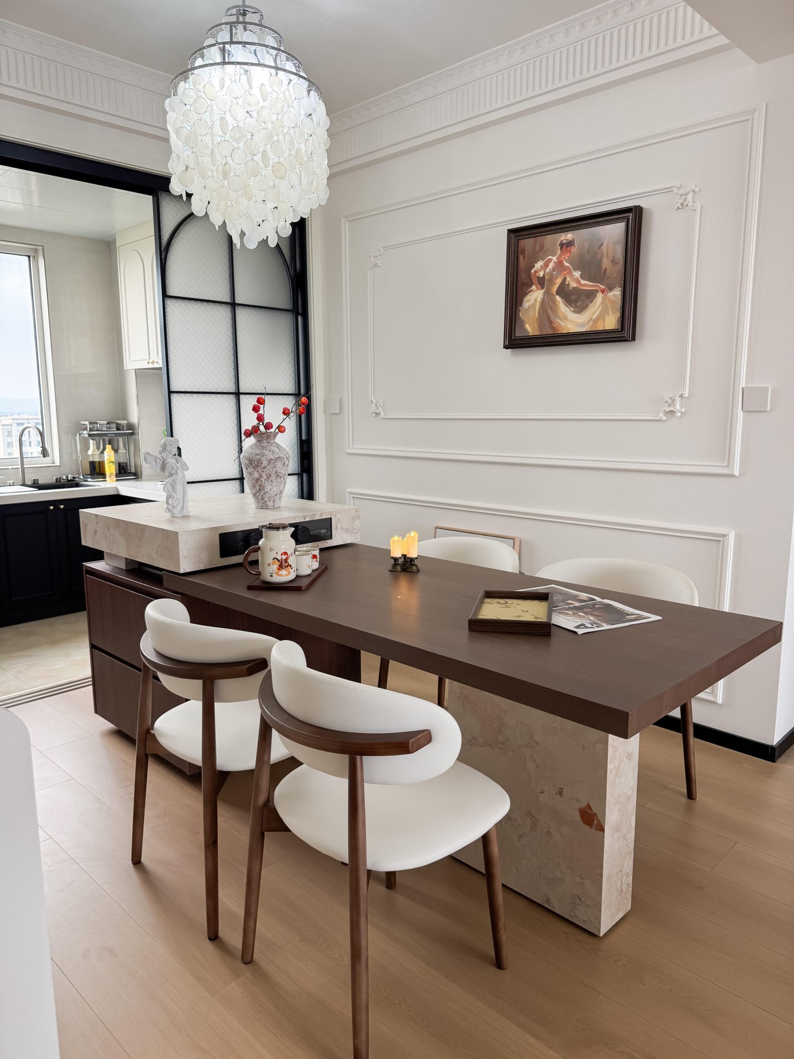 Classic Dining Table Set for 4 with dark wood table and white chairs.