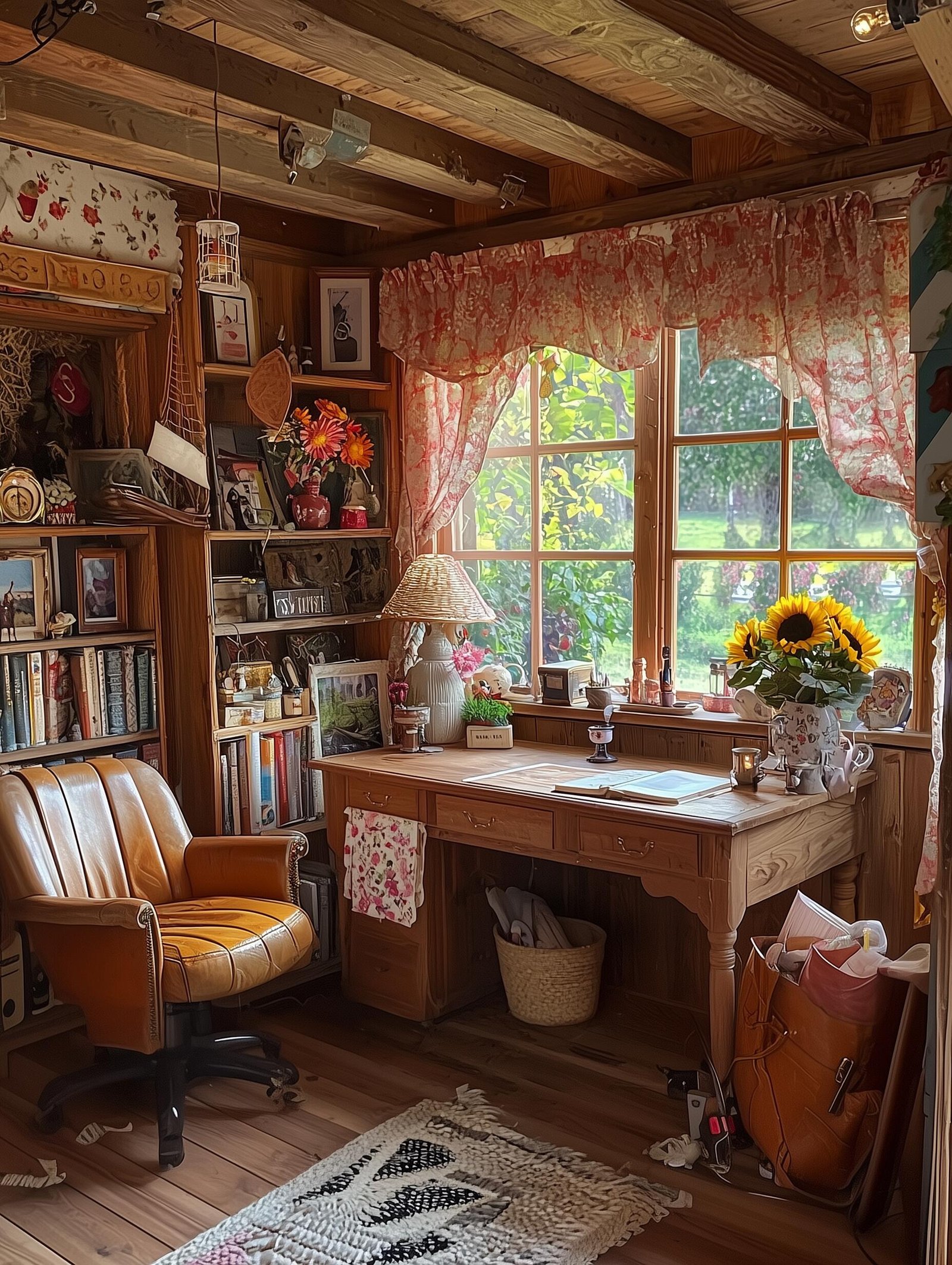 A traditional countryside feel with rustic wood walls, vintage desk, floral curtains, bookshelves, and sunflowers in a cozy cottage room