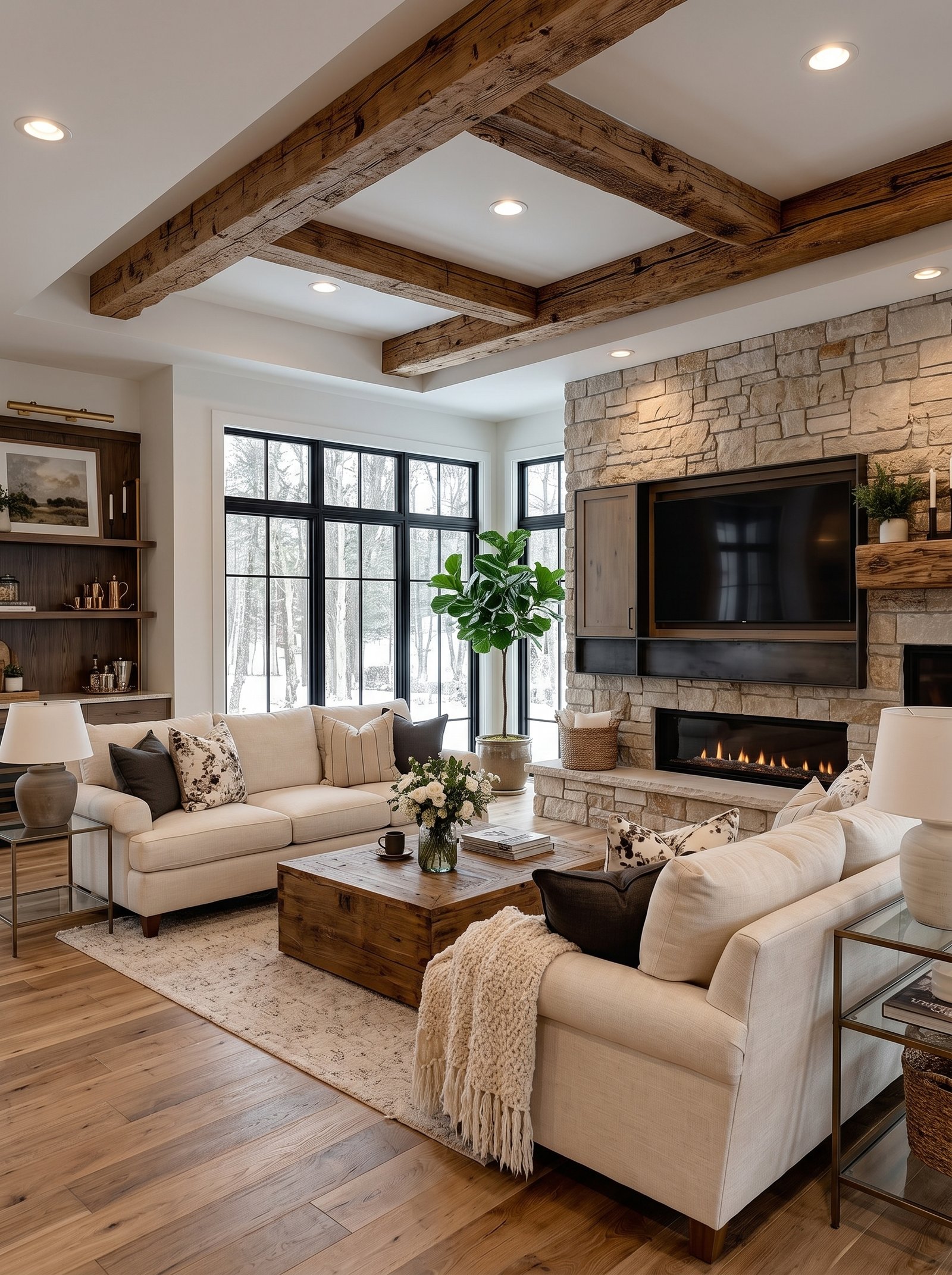 Modern farmhouse living room with stone fireplace and timber beams