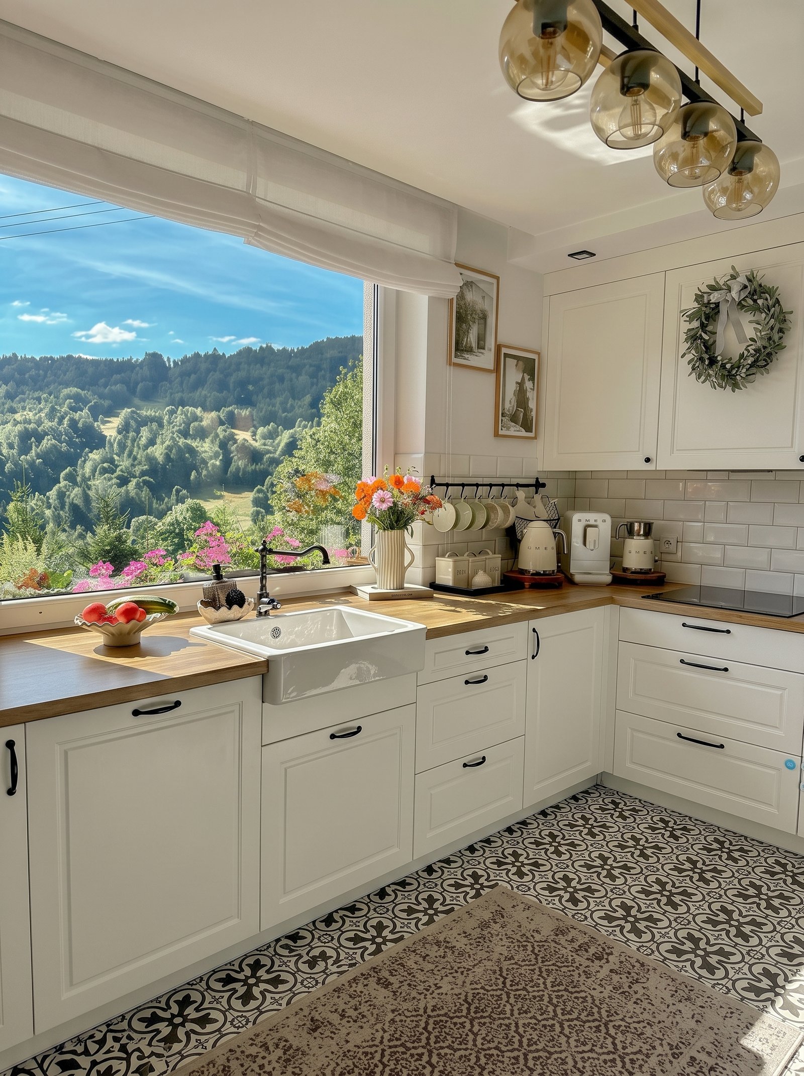 Mountain farmhouse kitchen with wide scenic window view