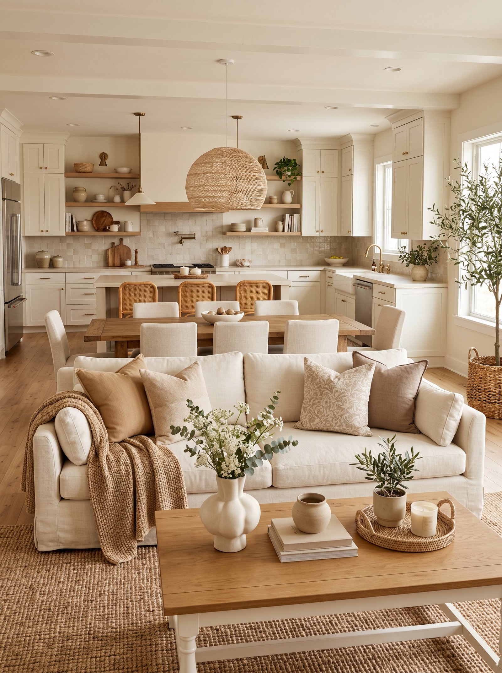 Cozy Home Interior Ideas with cream sofa and charcoal kitchen island
