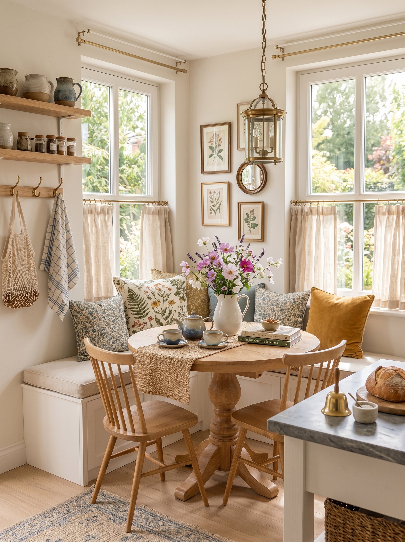Country breakfast nook ideas with wooden table, window bench, and botanical cushions.