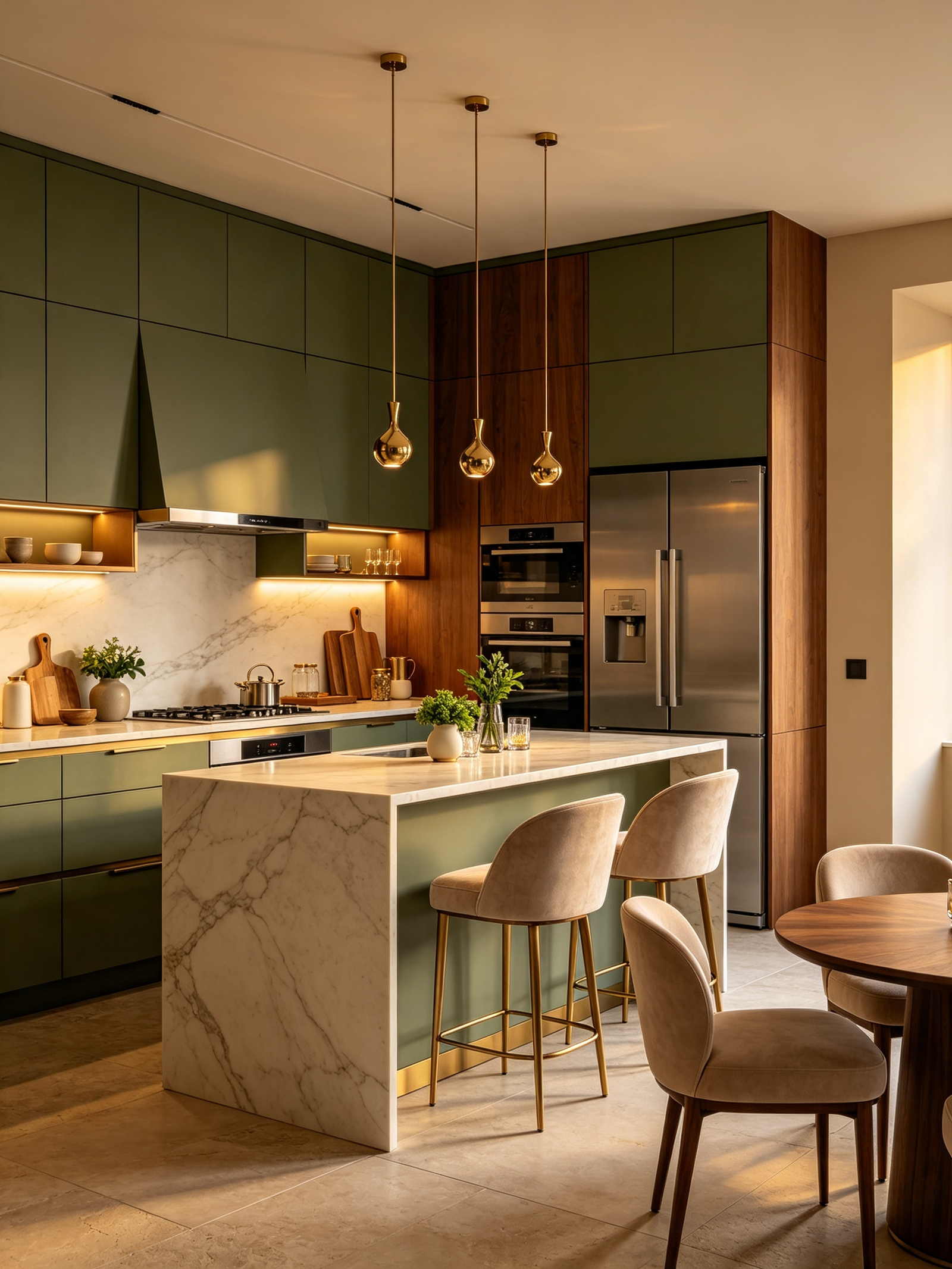 Apartment kitchen ideas on a budget showing green cabinets and connected dining area