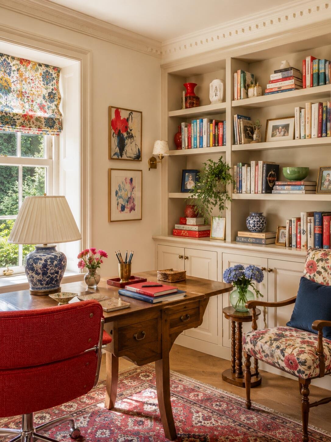 Simple cottage house design study filled with books, ceramics, and fresh flowers