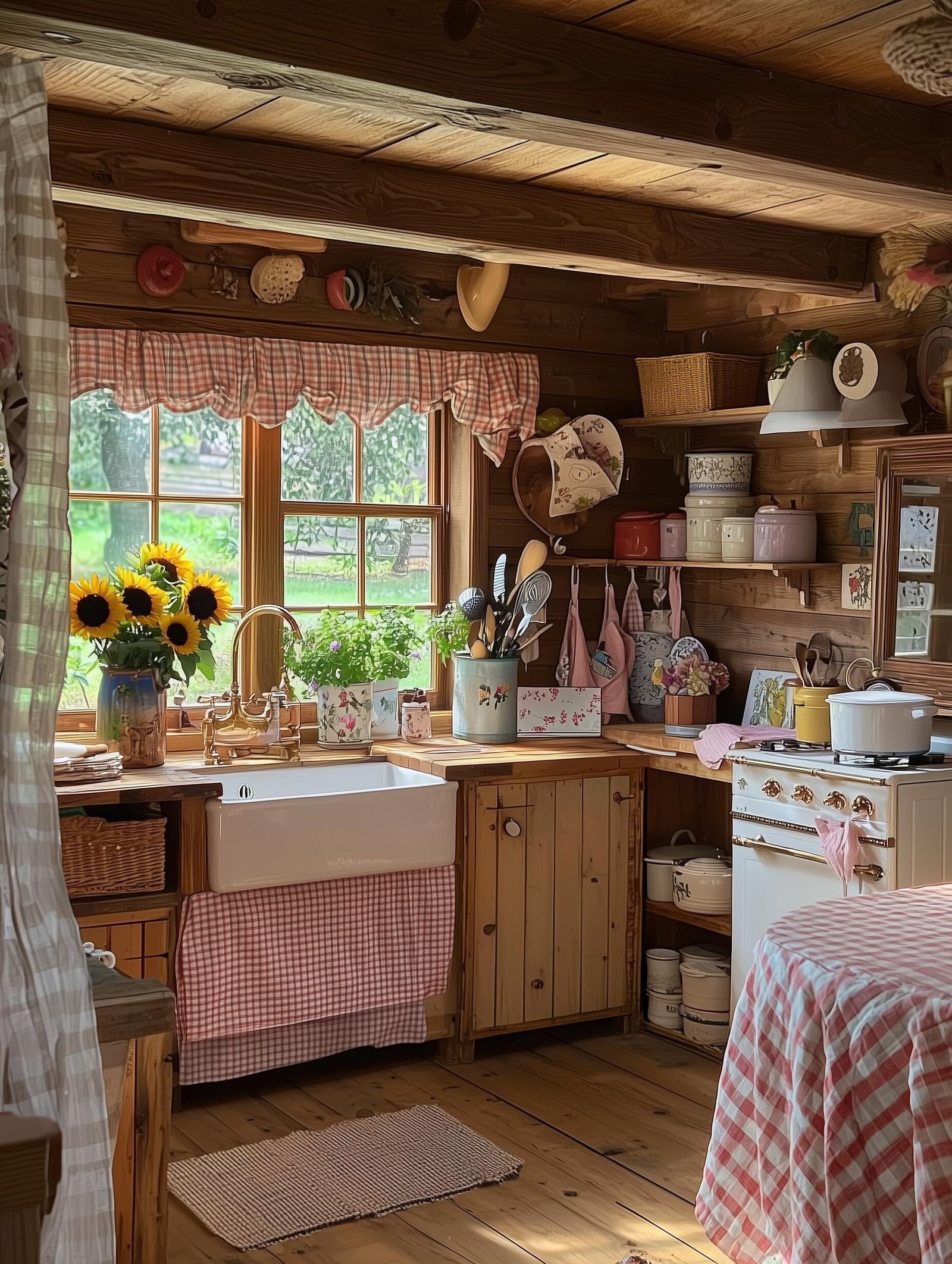 Cozy and comfortable kitchen with rustic wood cabinets, farmhouse sink, gingham accents, open shelves, and fresh sunflowers