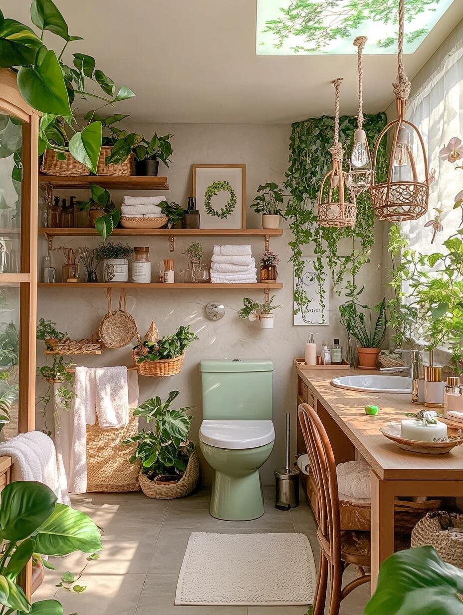 Cozy girl apartment bathroom with sage green fixture and plants