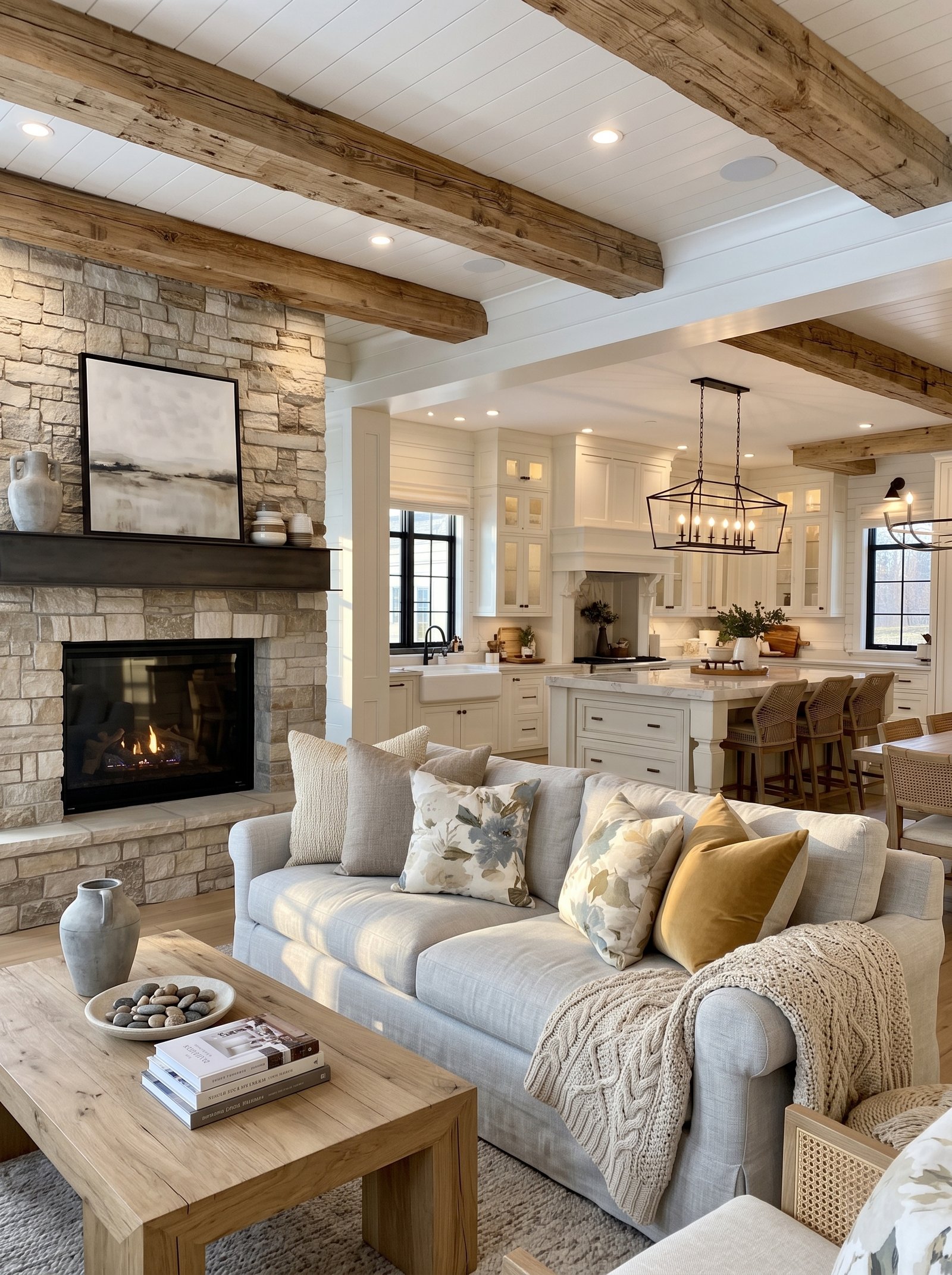 Modern farmhouse interior with stone fireplace and wood beams