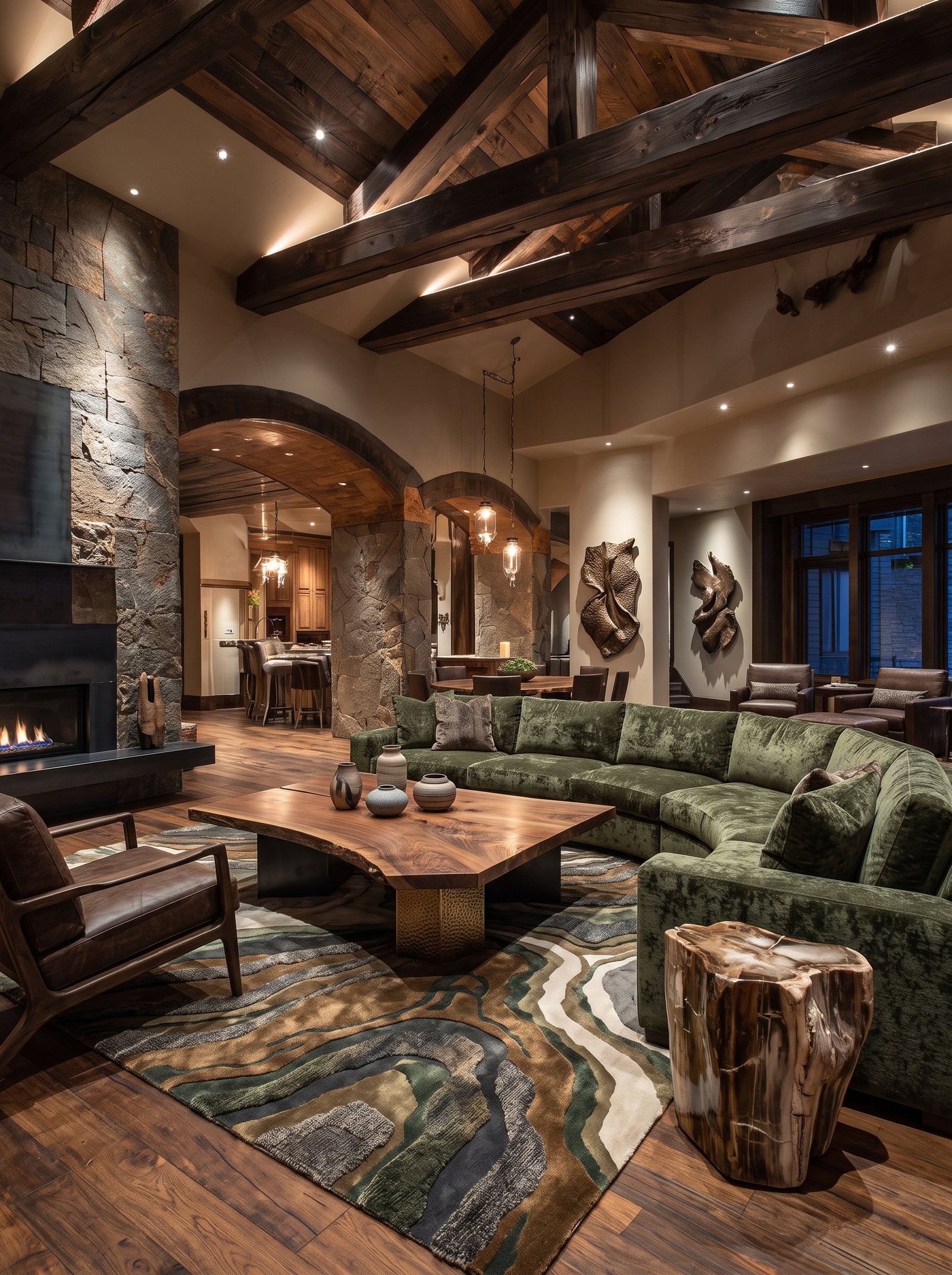 Rustic mountain living room with olive green sectional and exposed timber beams