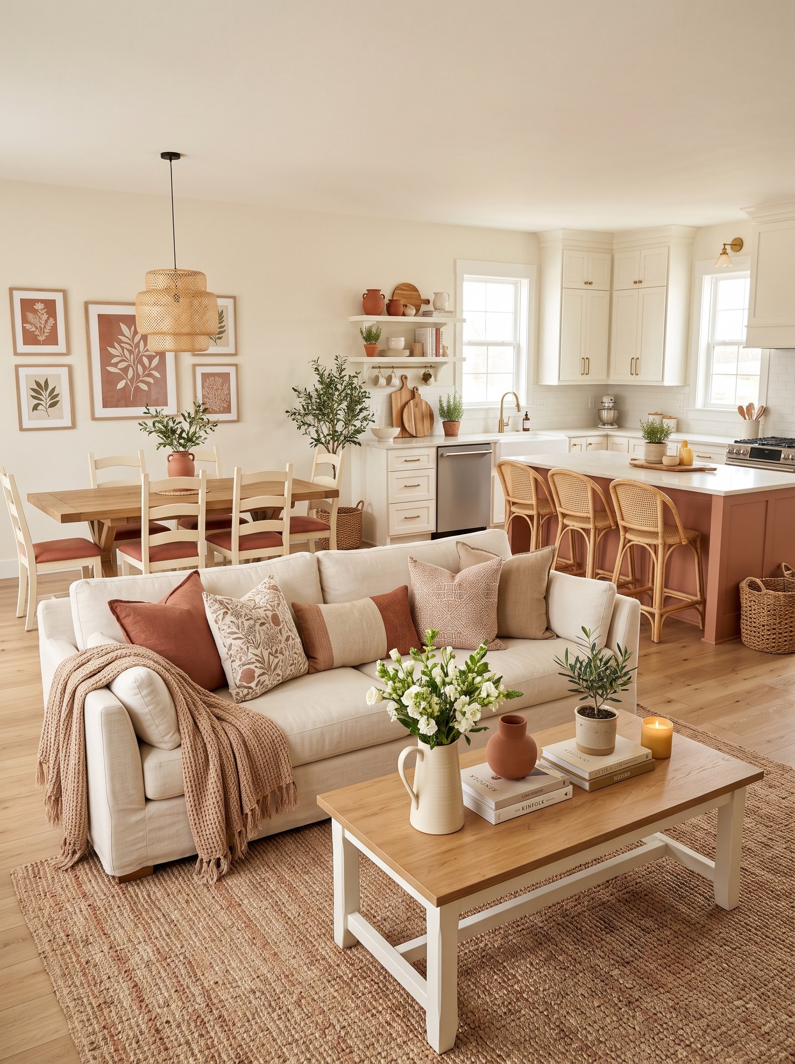 Cozy Home Interior Ideas with cream sofa and charcoal kitchen island
