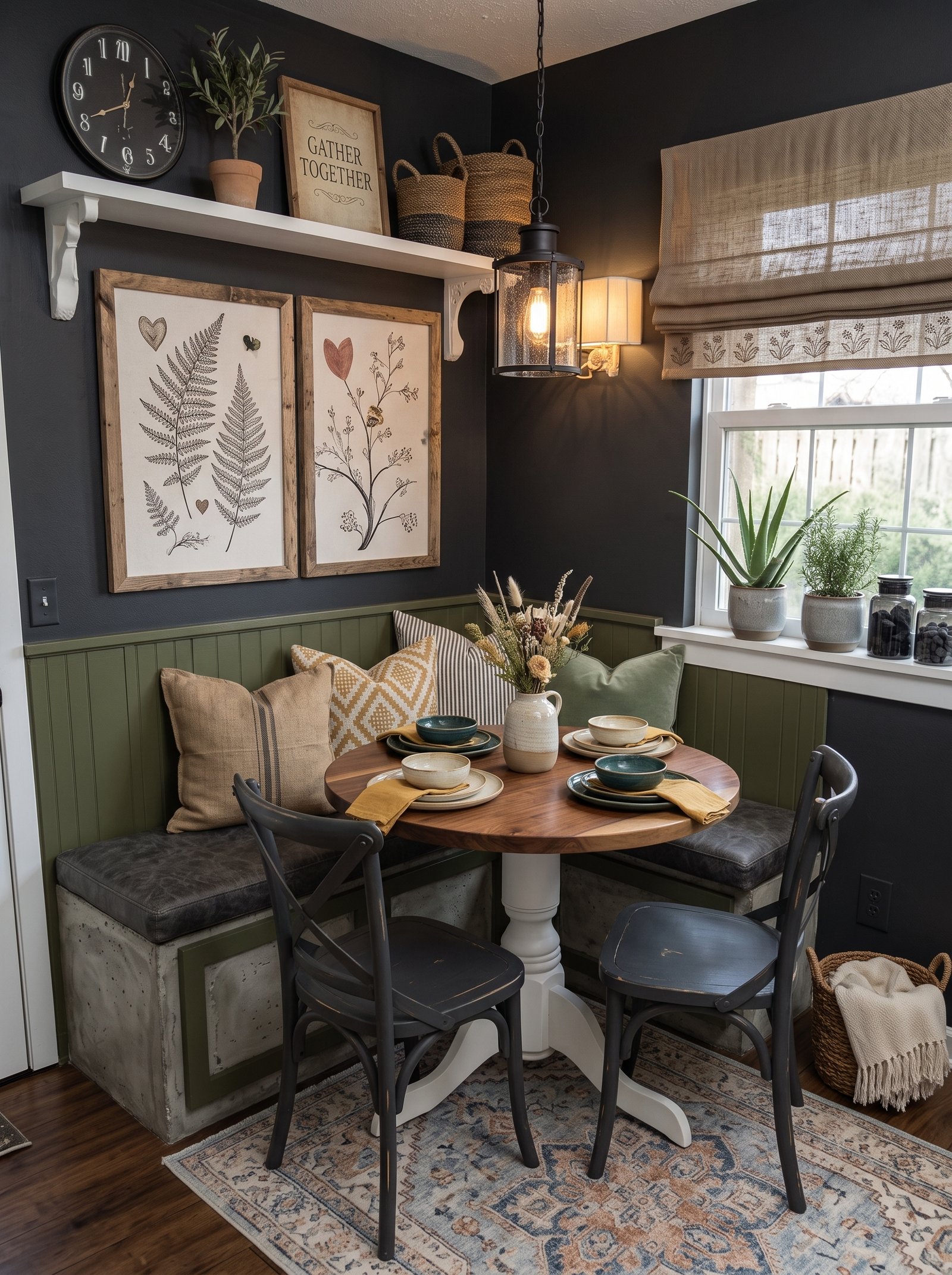 Small breakfast nook ideas combining patterned cushions, wall shelving, and lantern lighting.