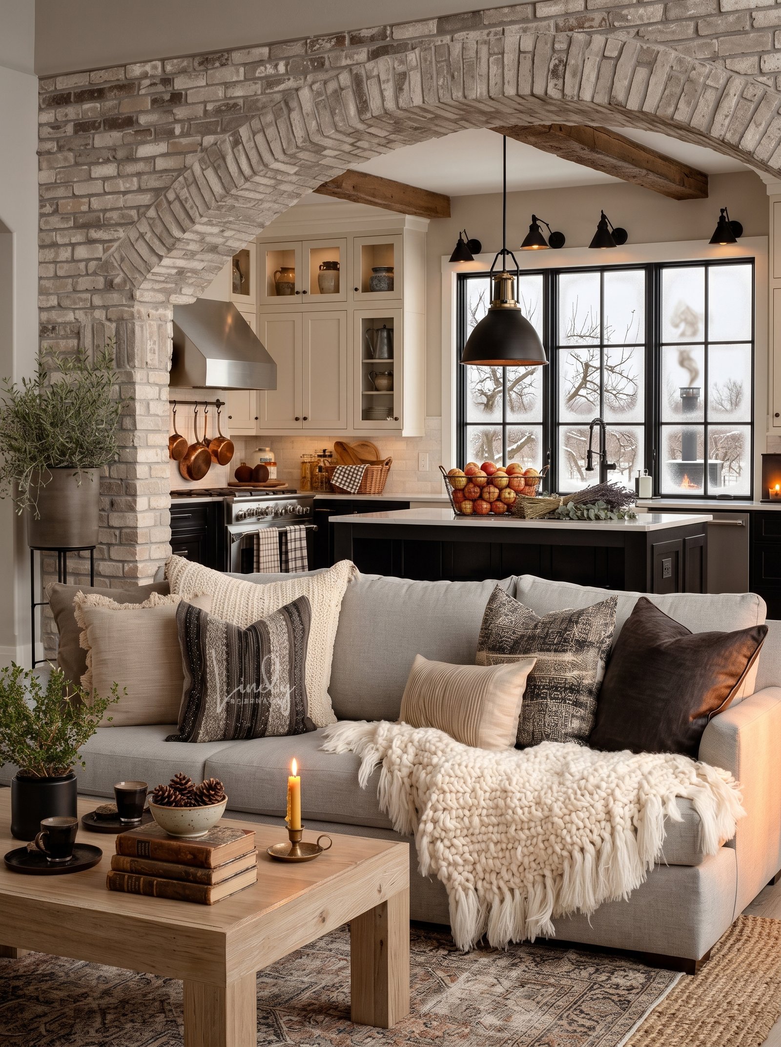 Neutral living room connected to kitchen through dramatic arched brick opening.