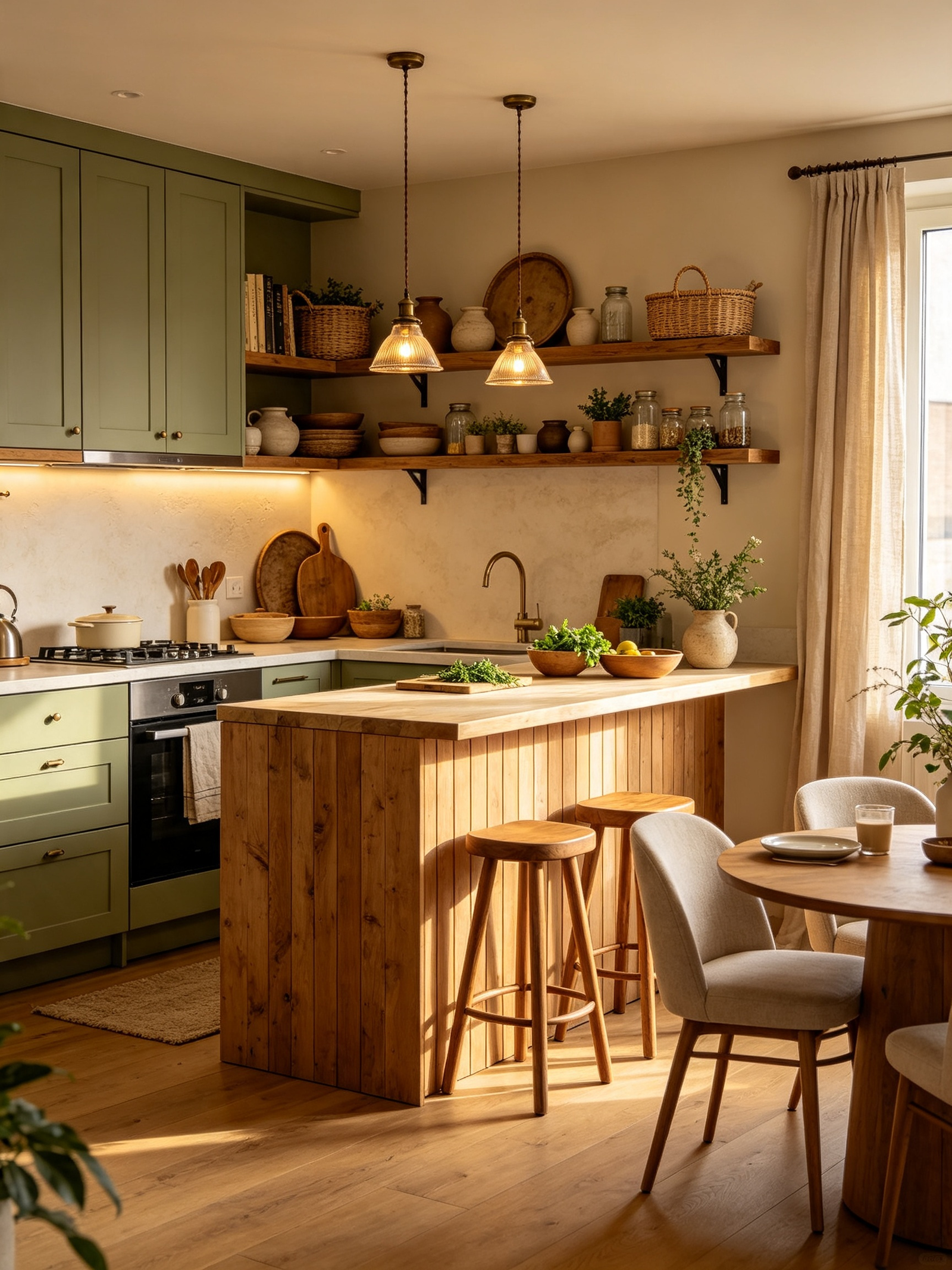 Apartment kitchen ideas on a budget featuring gold pendant lights and upholstered stools