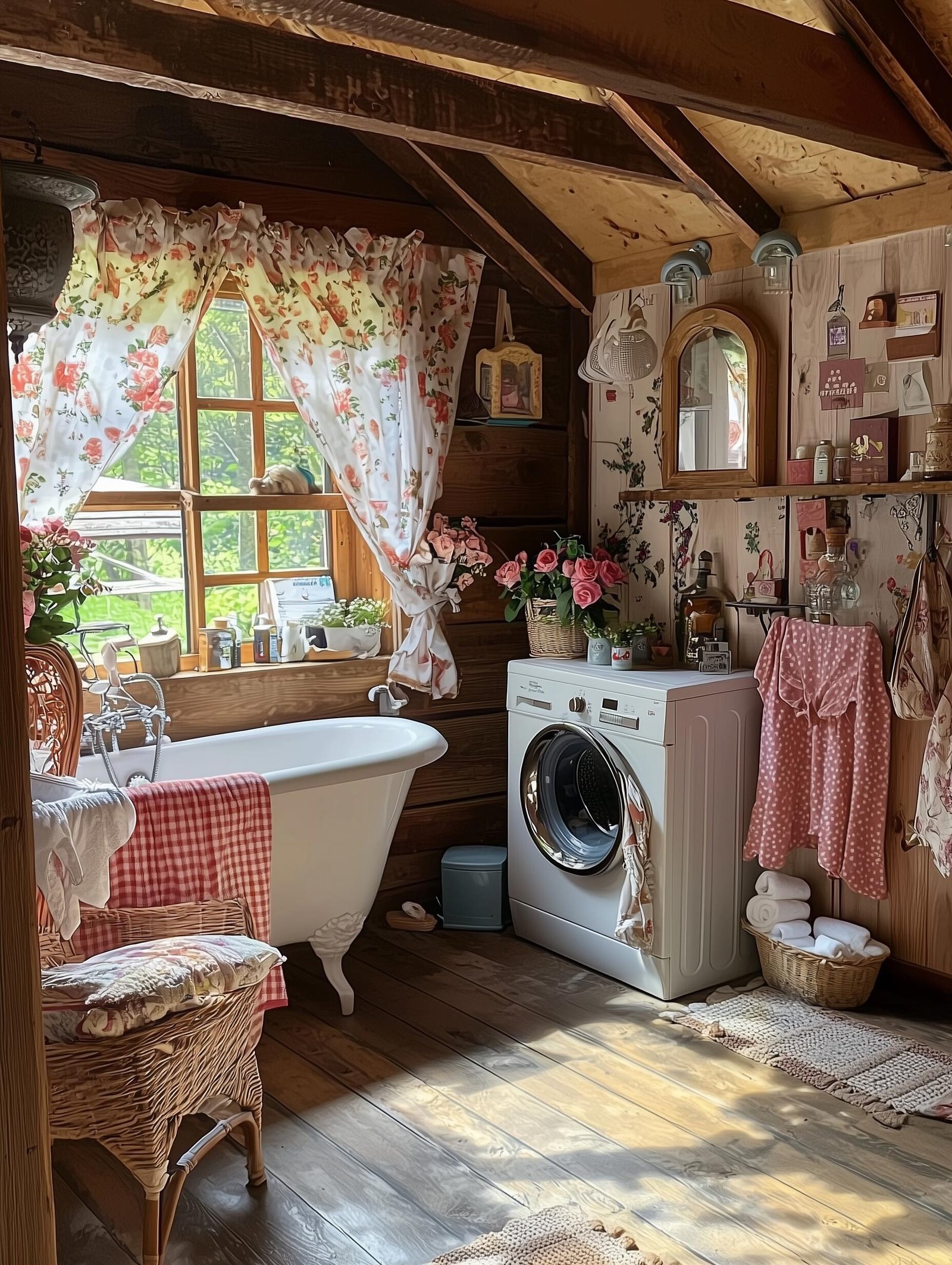 Vintage-inspired bathroom with a freestanding tub, floral curtains, rustic wood walls, wicker furniture, and cottage decor