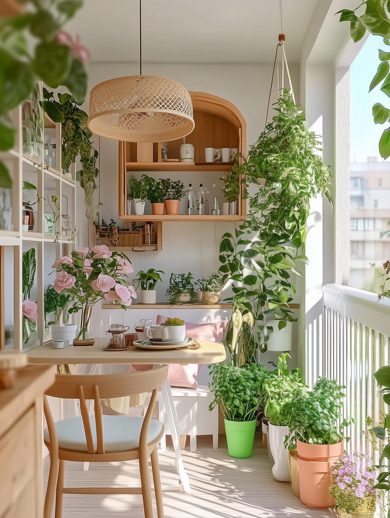 Cozy girl apartment balcony nook with plants and rattan light