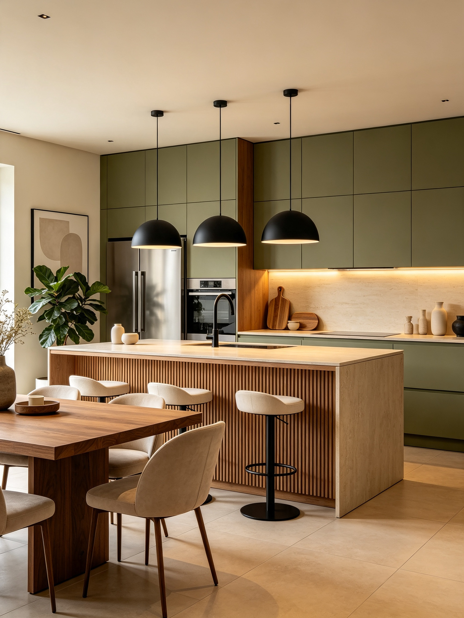 Olive green kitchen with walnut panels, fluted island, pendant lighting, and neutral dining chairs