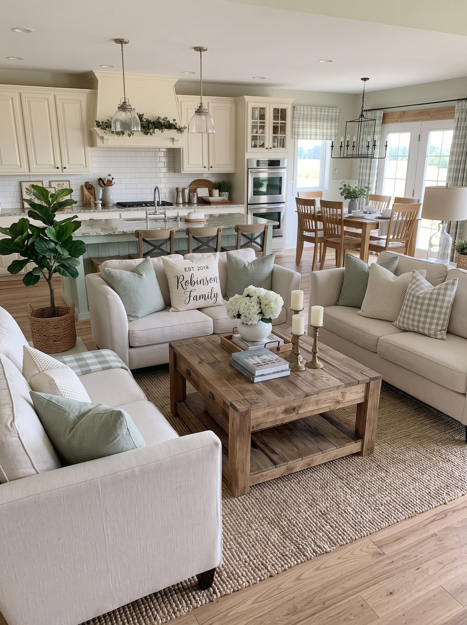 Connected living kitchen dining in soft green and cream farmhouse home