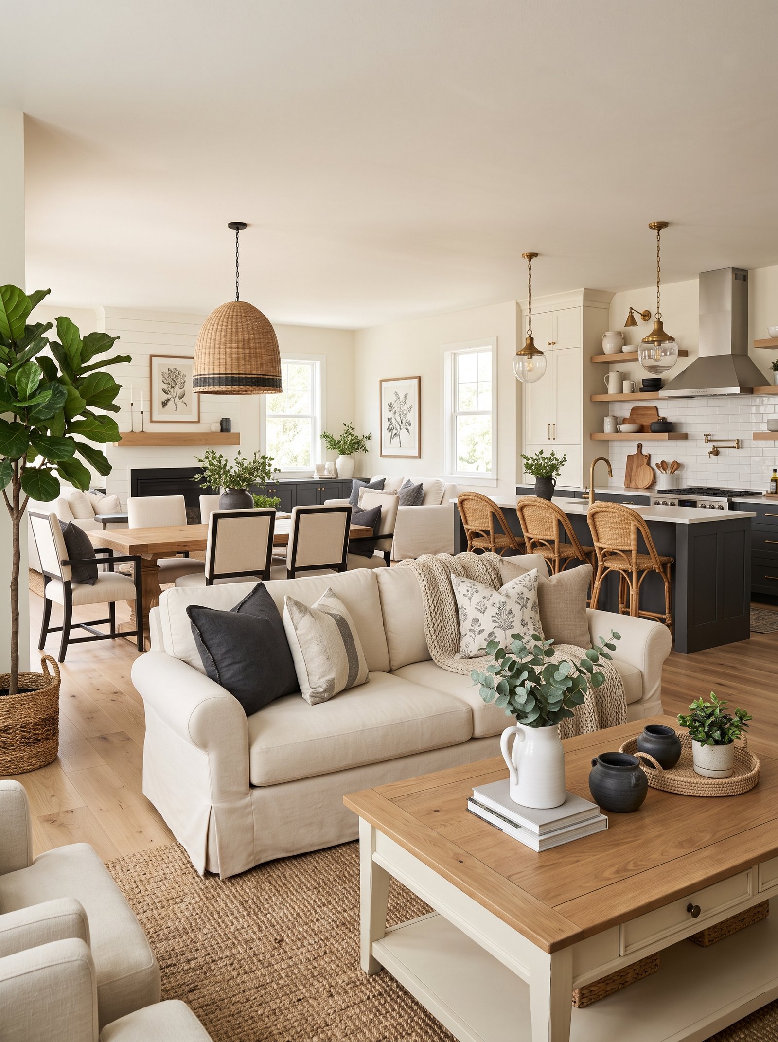 Cozy Home Interior Ideas with cream sofa and charcoal kitchen island