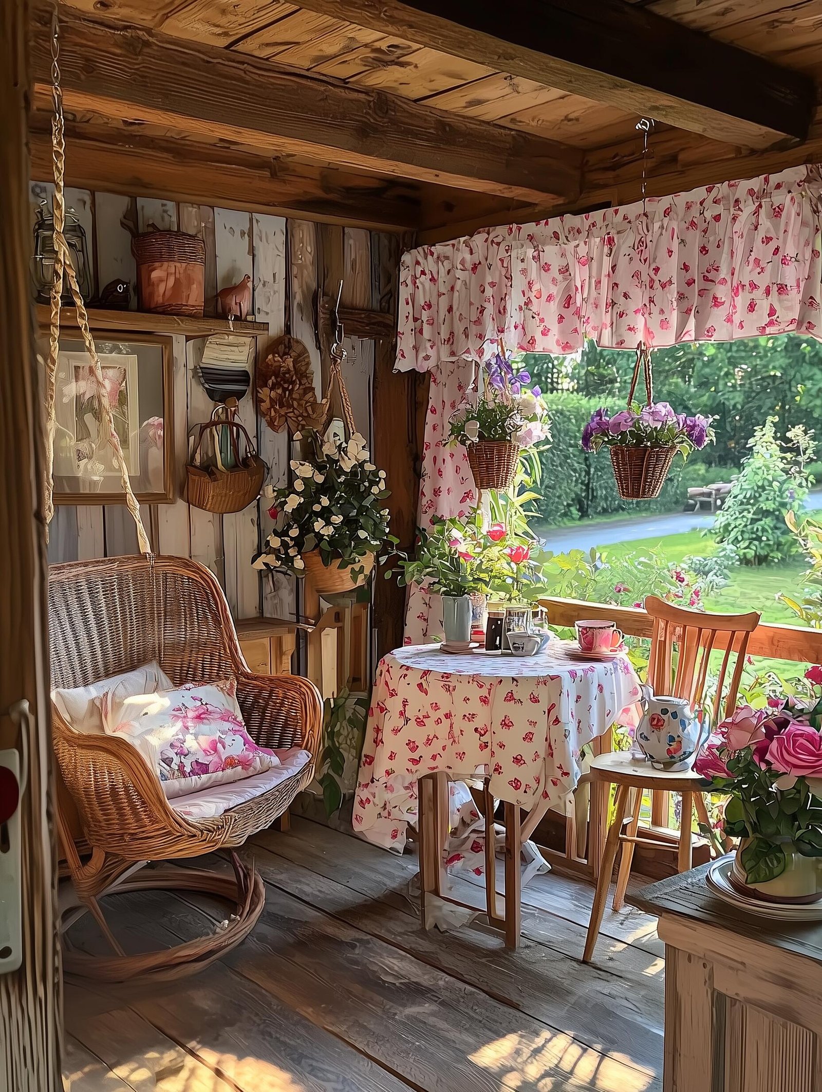 A welcoming American cottage atmosphere with wicker chairs, floral textiles, fresh flowers, rustic wood, and a sunny garden view