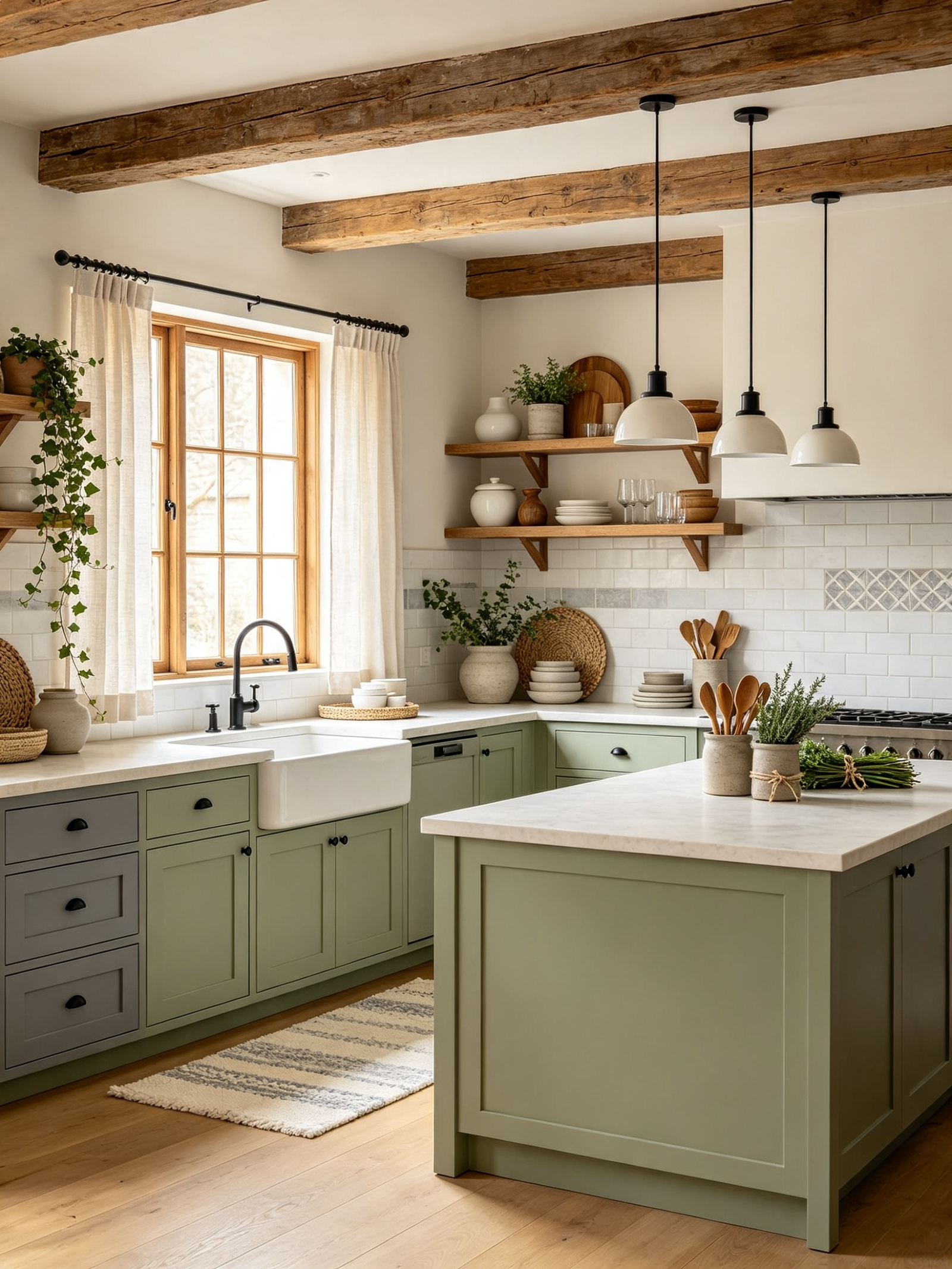 Sage green modern farmhouse kitchen with wood beams and island
