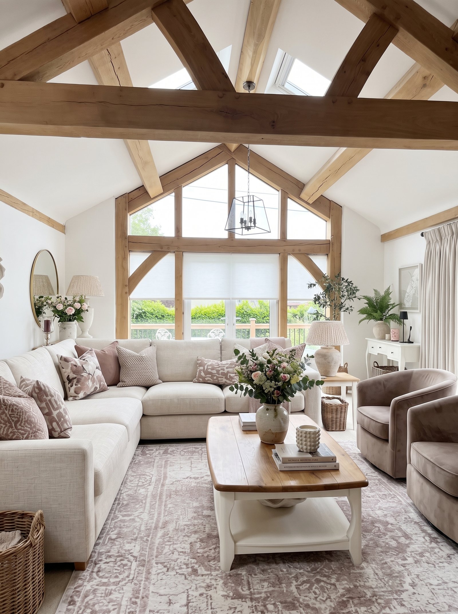 Mixed wood coffee table and soft textiles in serene farmhouse space