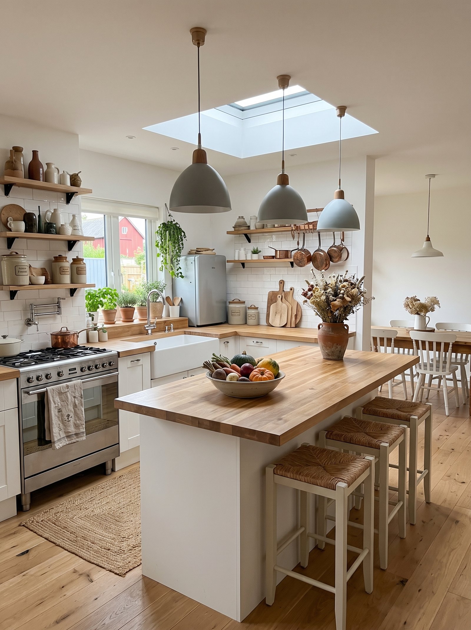 Modern farmhouse kitchen open to dining area