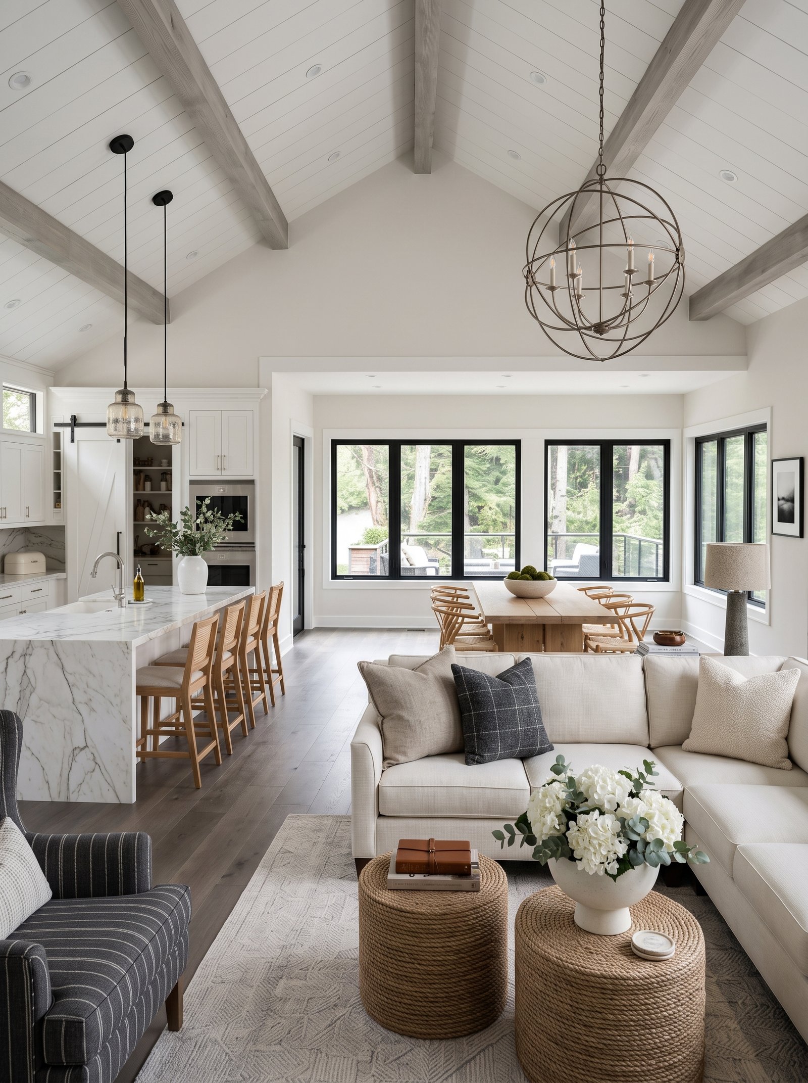 Black metal windows and forest views in serene farmhouse home