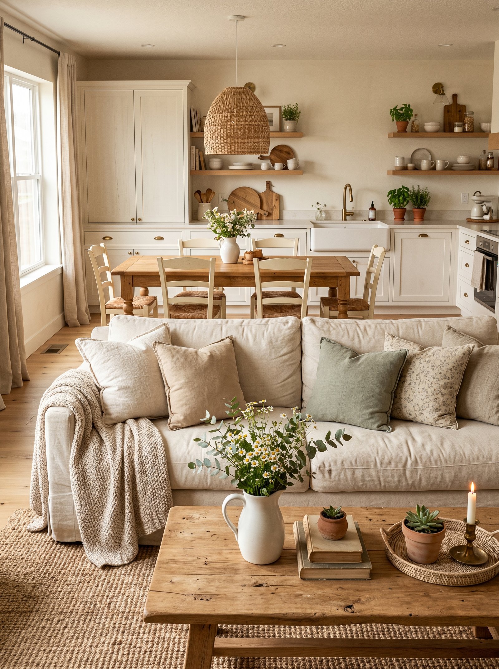 Neutral farmhouse living room with rustic wood coffee table and cream furniture