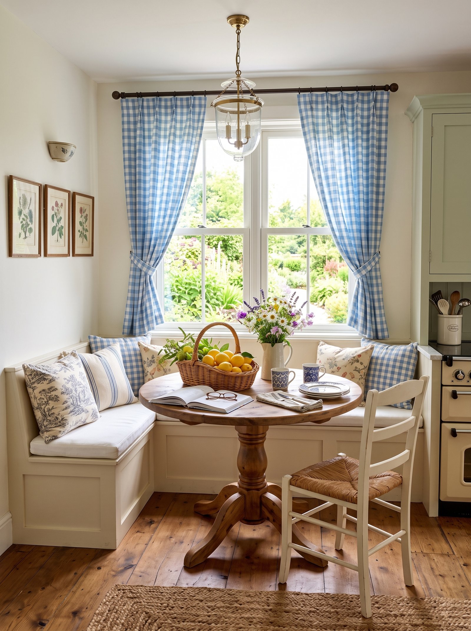 Farmhouse breakfast nook with blue gingham curtains and a round wooden table.