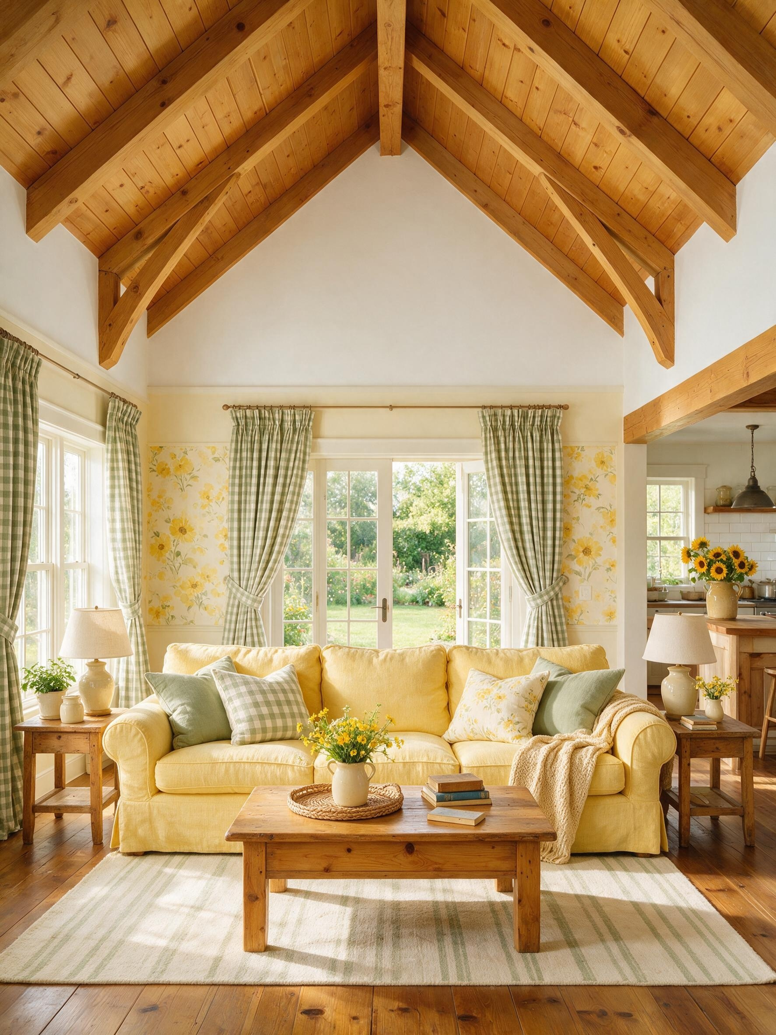 Modern small cottage design living room with yellow sofa and wood beams