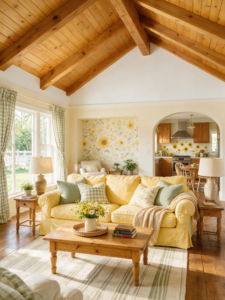 Vaulted ceiling pine wood living room yellow and green decor