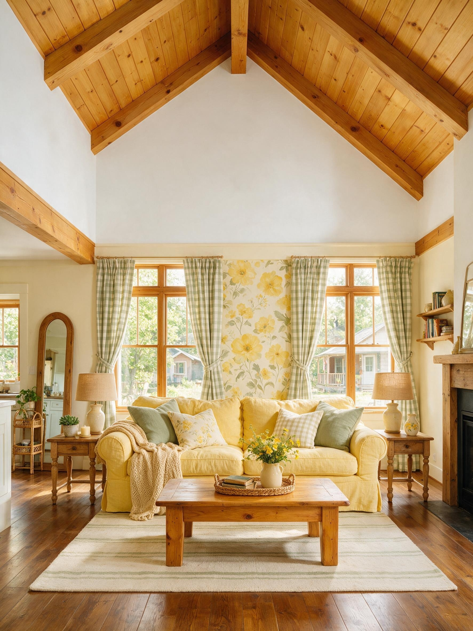 Bright cottage living room with floral wallpaper and gingham curtains