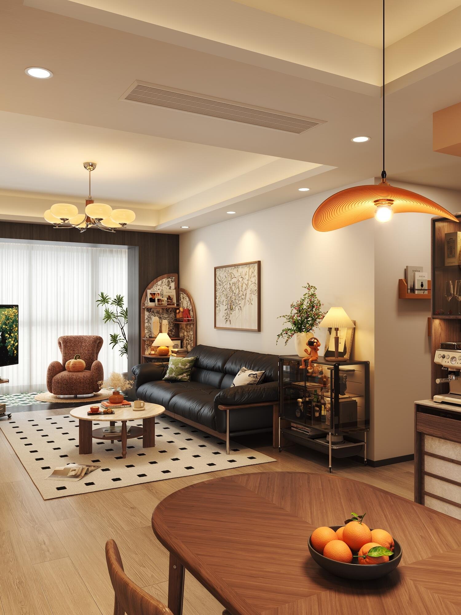Cozy apartment aesthetic with warm wood dining table and soft ambient lighting