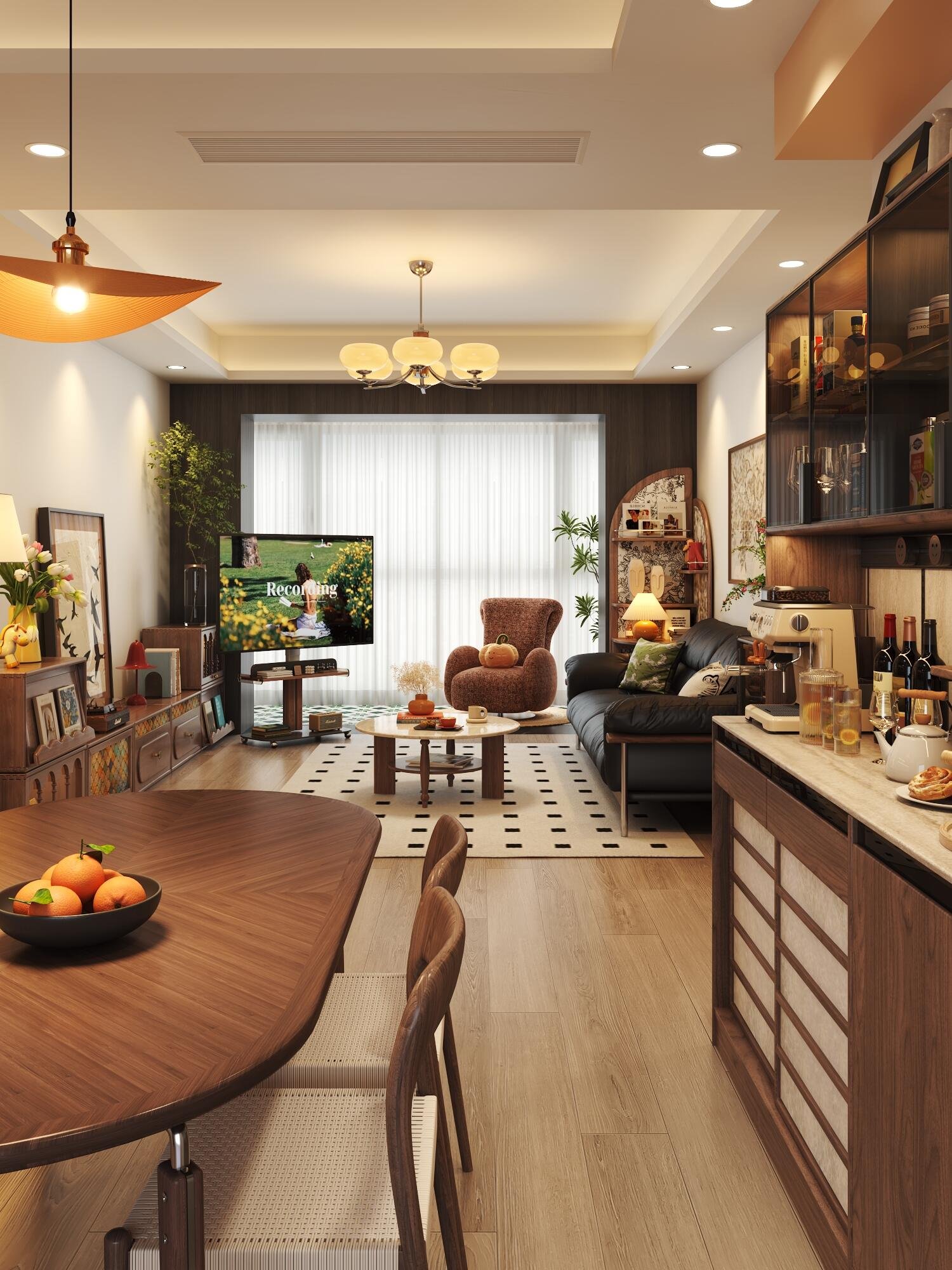 Warm modern apartment living room with black sofa, wood furniture, and cozy decor
