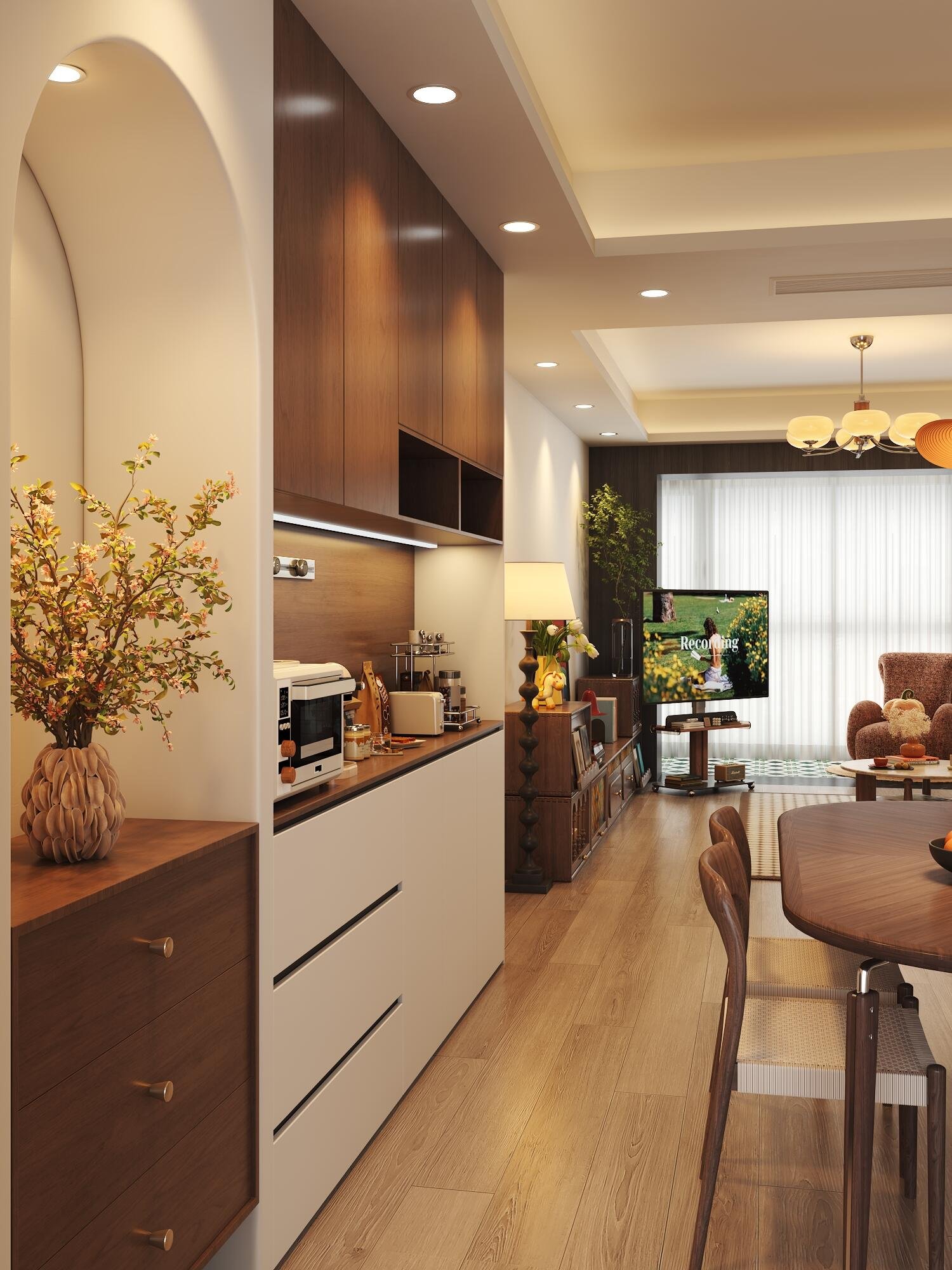 Open-concept apartment featuring natural wood furniture and layered ambient lighting