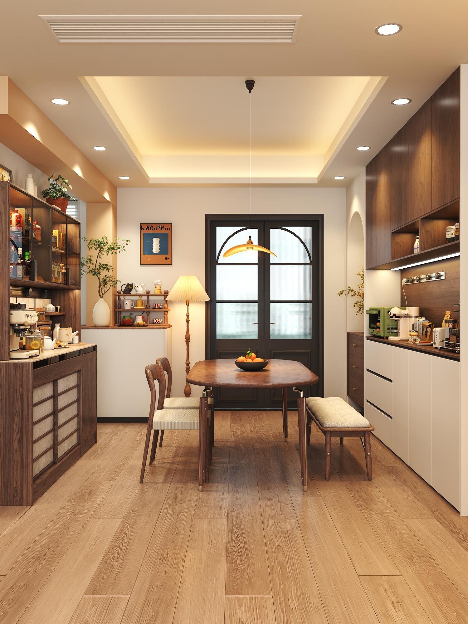 Elegant dining area with natural wood furniture and built-in kitchen storage