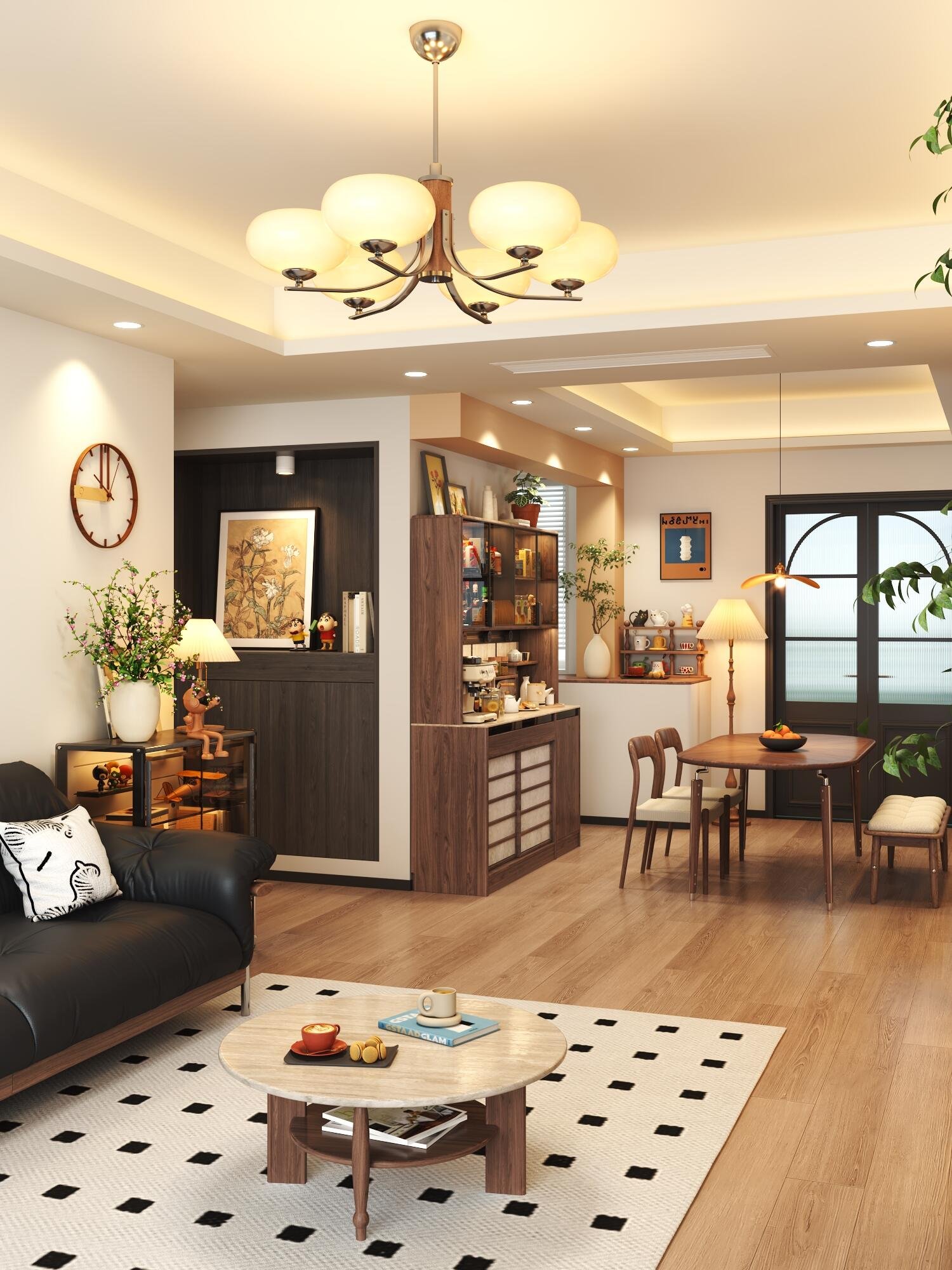 Open-concept apartment with wooden dining table and comfortable seating area