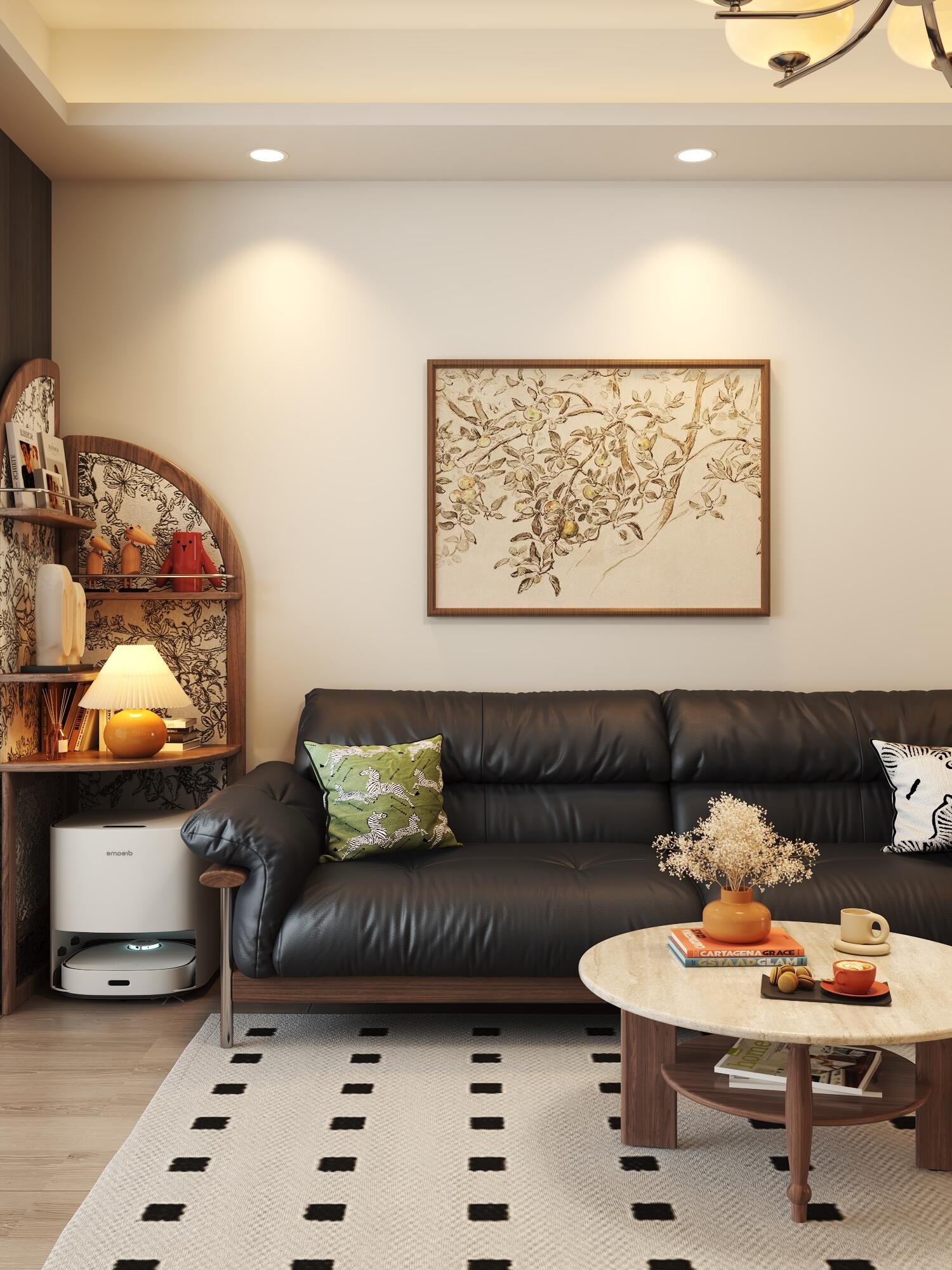 Elegant apartment interior with soft lighting, natural materials, and cozy styling