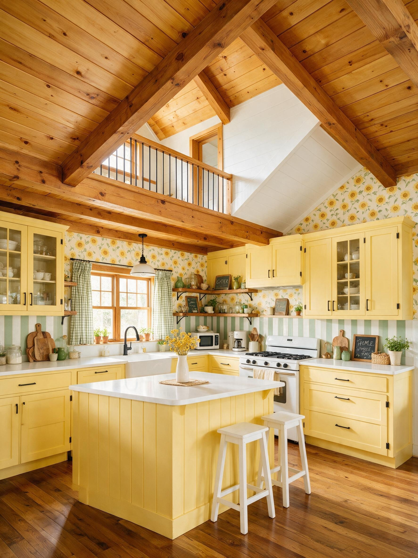 Modern small cottage design kitchen with yellow cabinets and wood ceiling