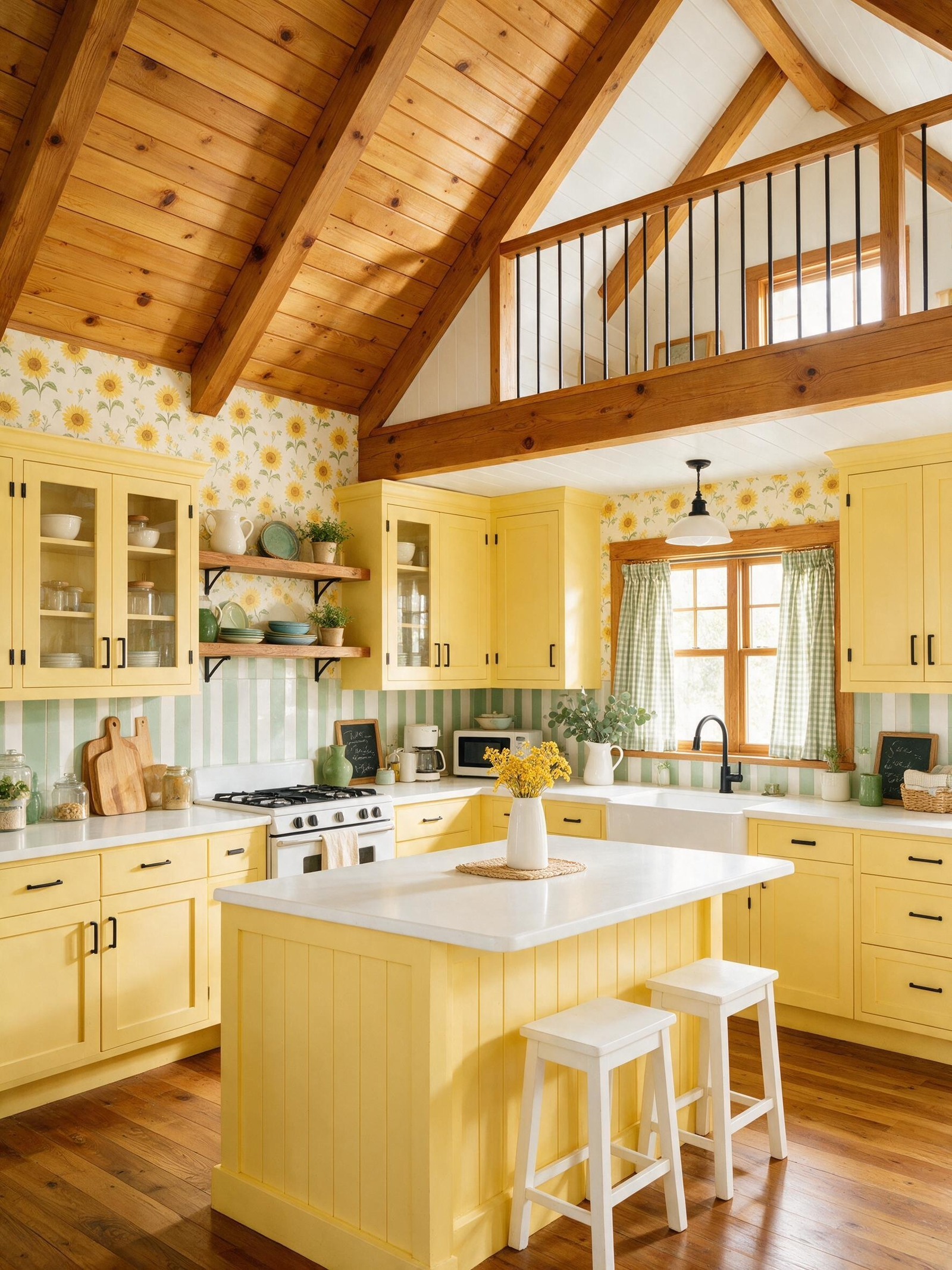 Bright yellow cottage kitchen island with white countertops and wood beams