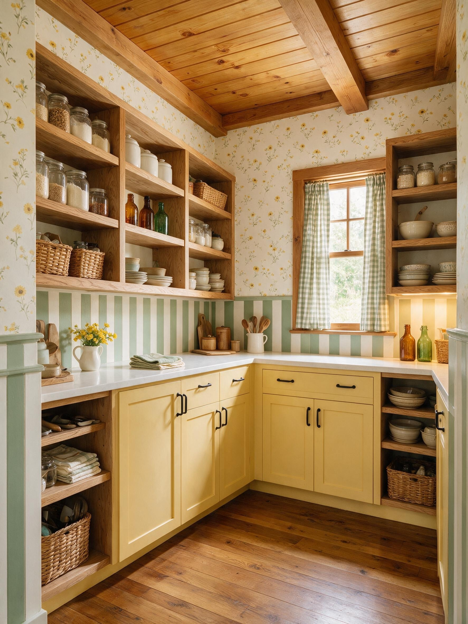 Modern small cottage design kitchen with open wood shelves and yellow cabinets